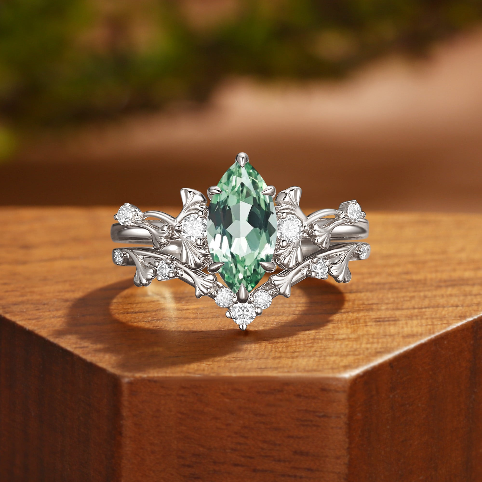 Unique Marquise Cut Green Sapphire Yellow Gold Ginkgo Leaf Bridal Set 2pcs - Liora