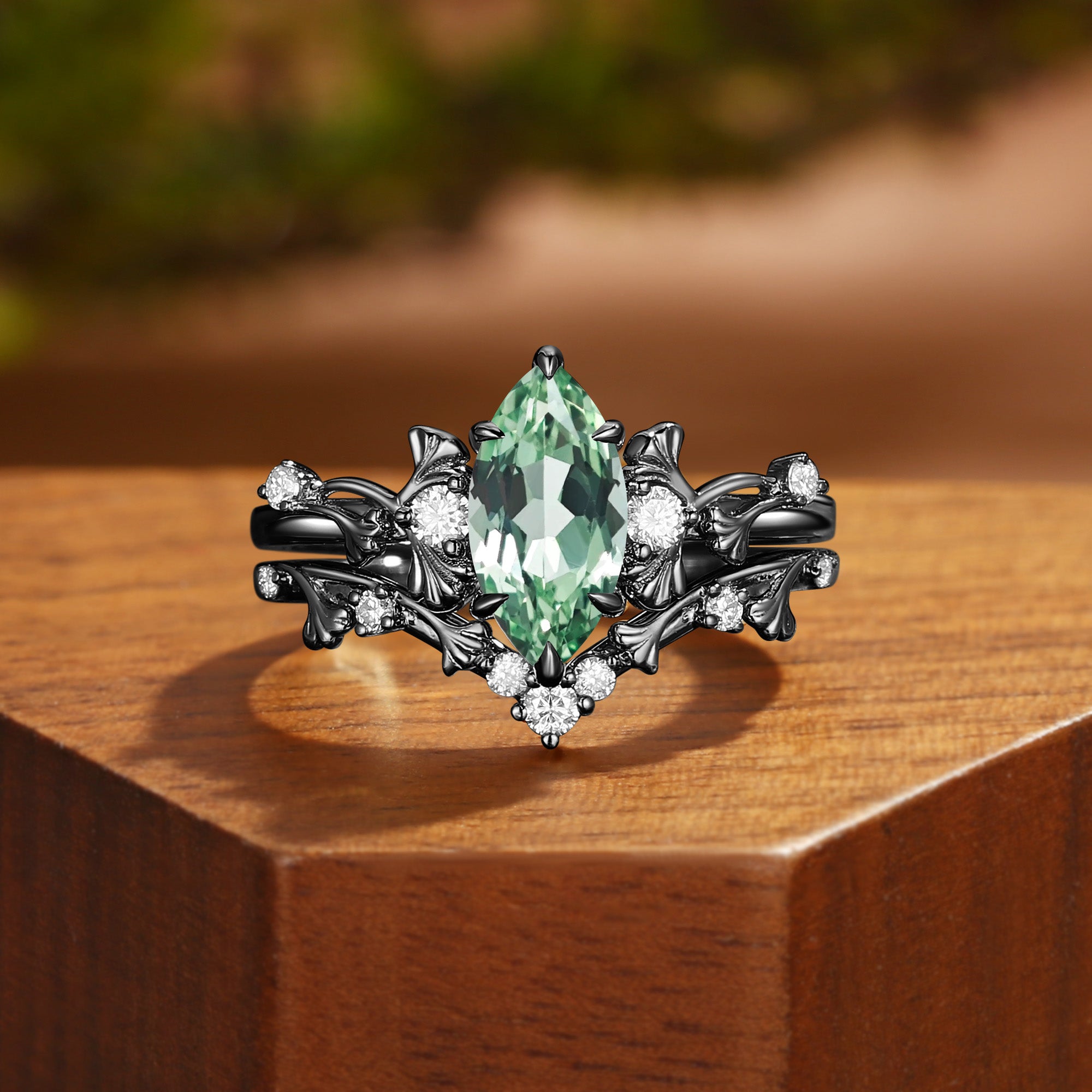 Unique Marquise Cut Green Sapphire Yellow Gold Ginkgo Leaf Bridal Set 2pcs - Liora