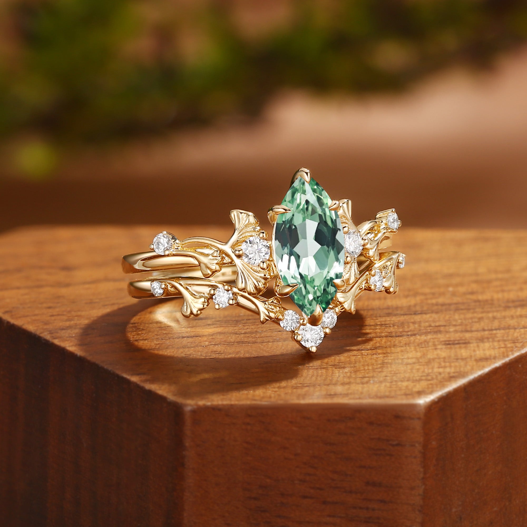 Unique Marquise Cut Green Sapphire Yellow Gold Ginkgo Leaf Bridal Set 2pcs - Liora