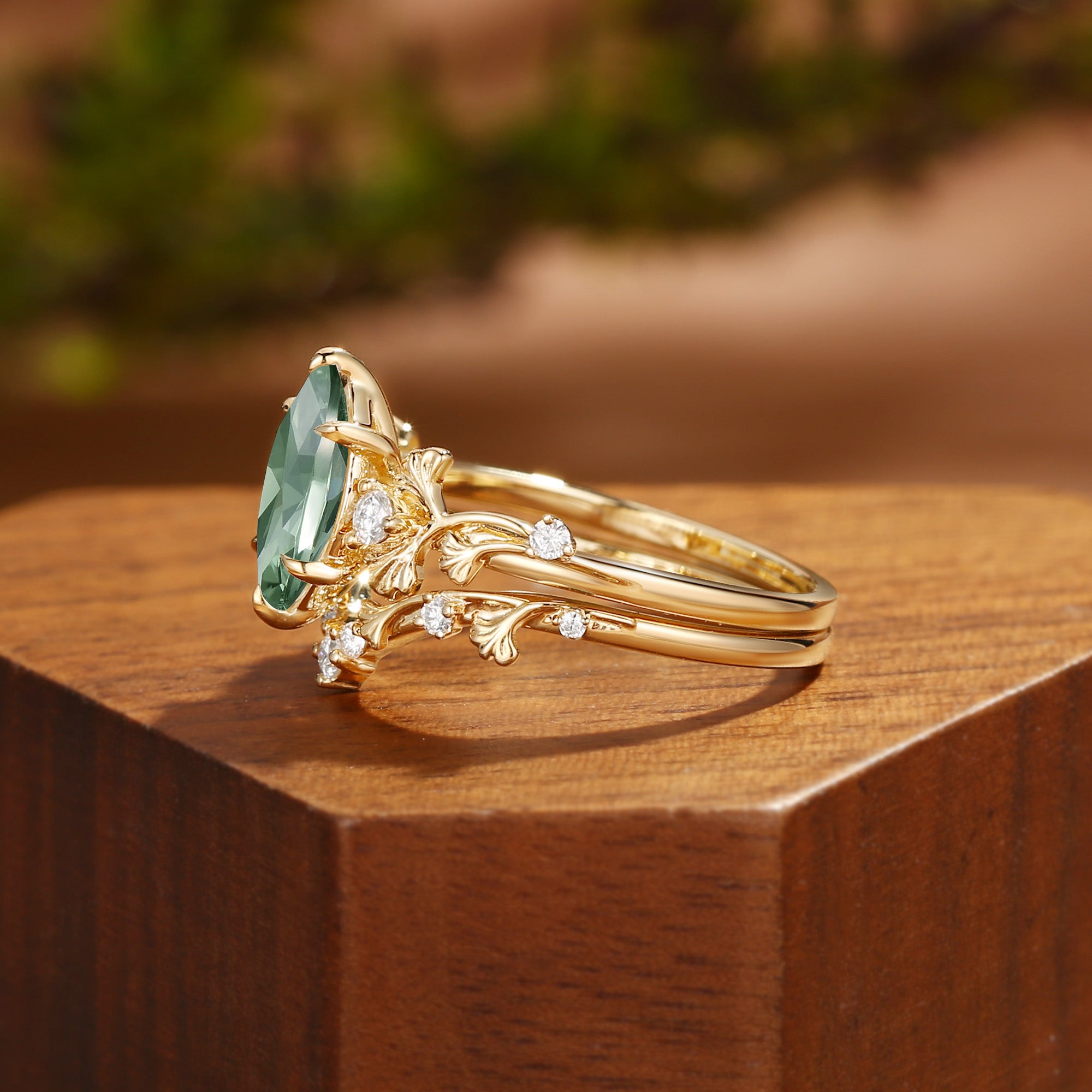 Unique Marquise Cut Green Sapphire Yellow Gold Ginkgo Leaf Bridal Set 2pcs - Liora