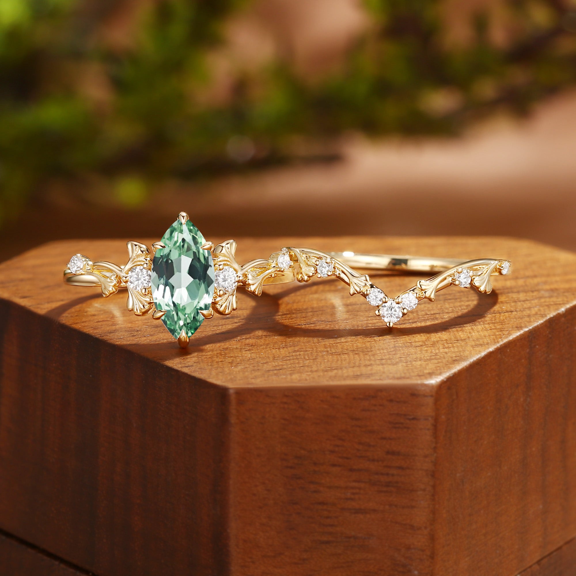 Unique Marquise Cut Green Sapphire Yellow Gold Ginkgo Leaf Bridal Set 2pcs - Liora