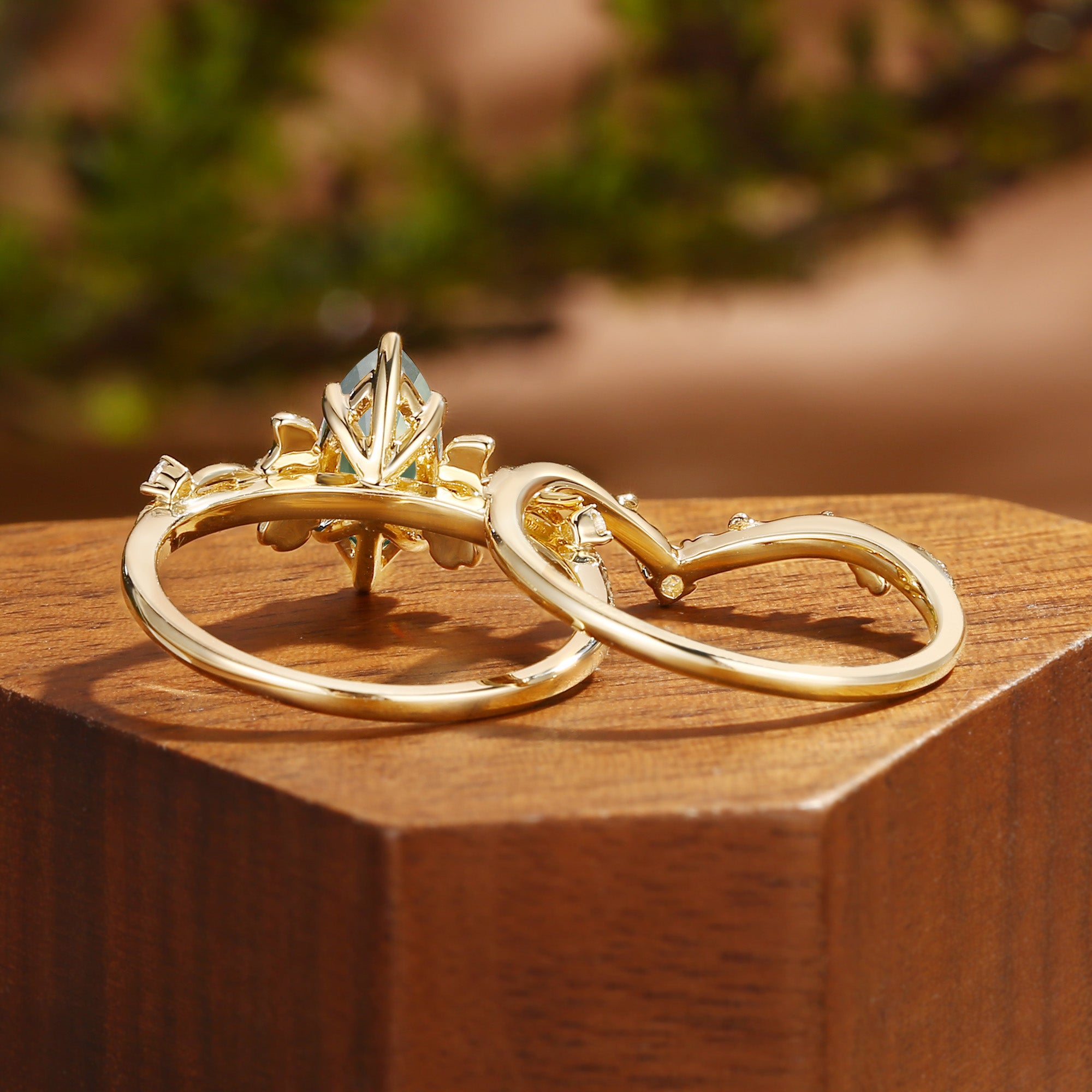 Unique Marquise Cut Green Sapphire Yellow Gold Ginkgo Leaf Bridal Set 2pcs - Liora