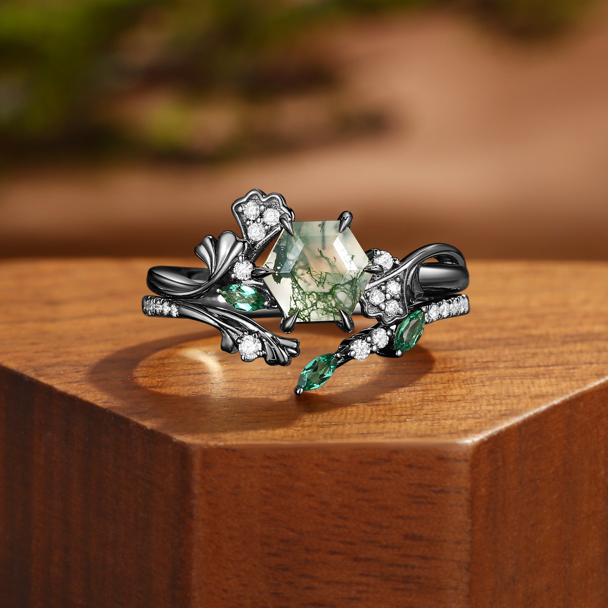 Zabelle - Ginkgo of the Nature Inspired Hexagon Moss Agate Flower Ring Set 2pcs