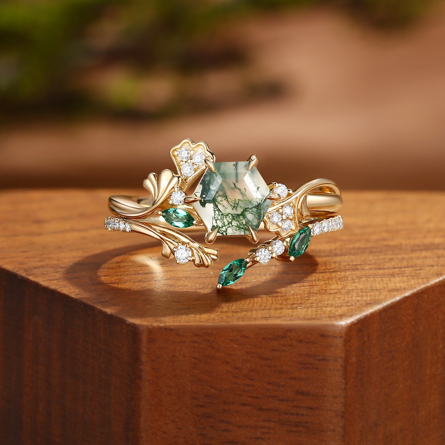 Hexagon Cut Moss Agate Ginkgo Nature Inspired Wedding Ring Set 2pcs - Zabelle