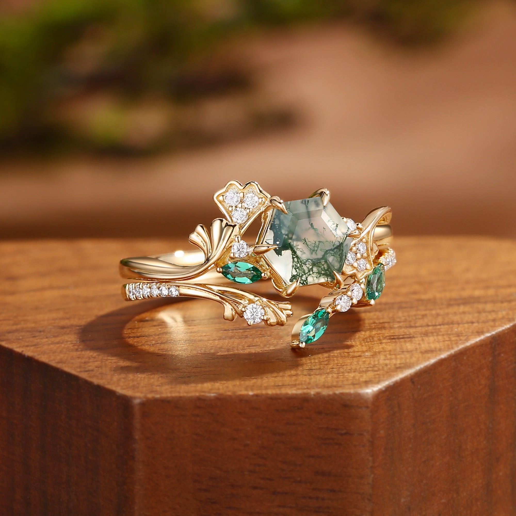 Zabelle - Ginkgo of the Nature Inspired Hexagon Moss Agate Flower Ring Set 2pcs