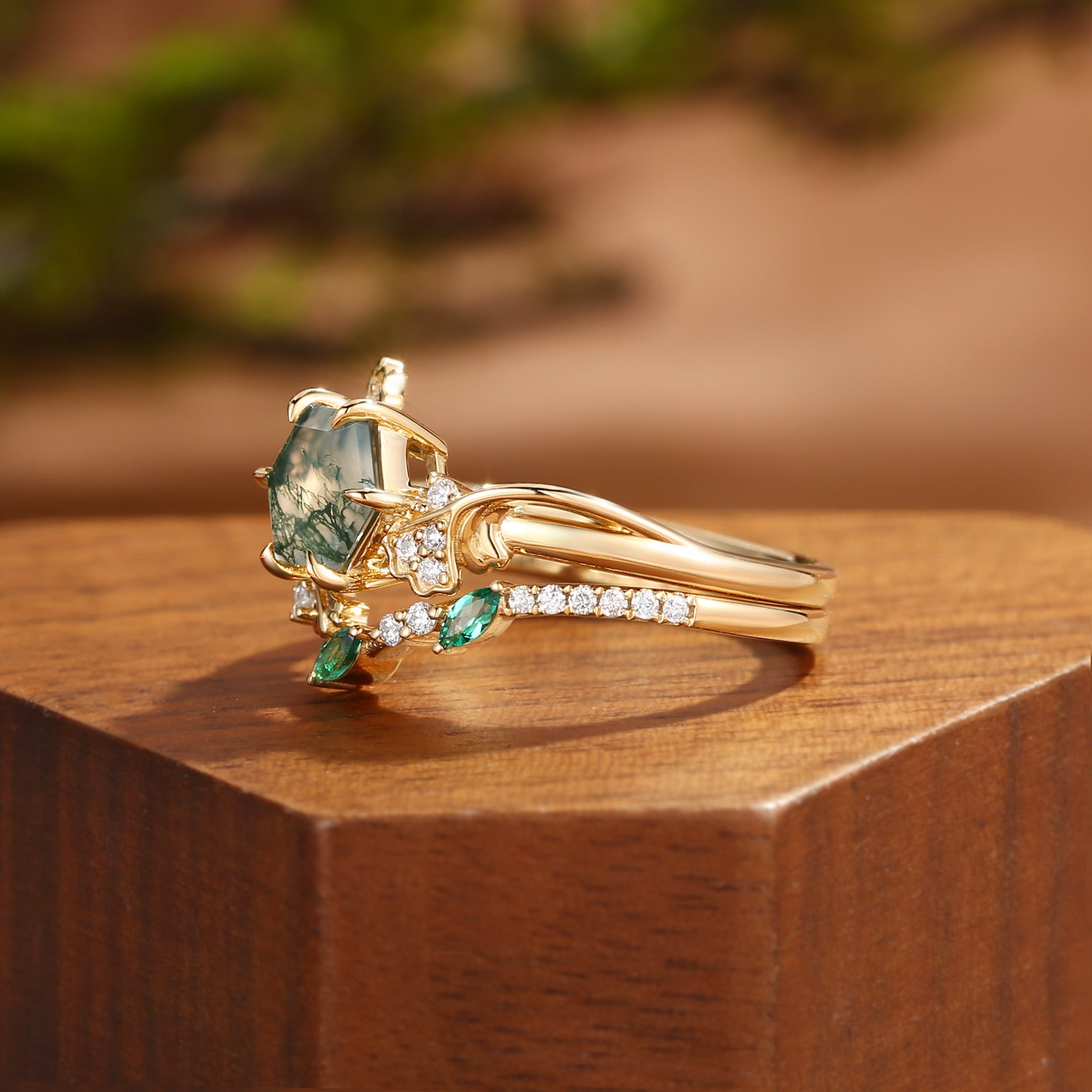 Zabelle - Ginkgo of the Nature Inspired Hexagon Moss Agate Flower Ring Set 2pcs