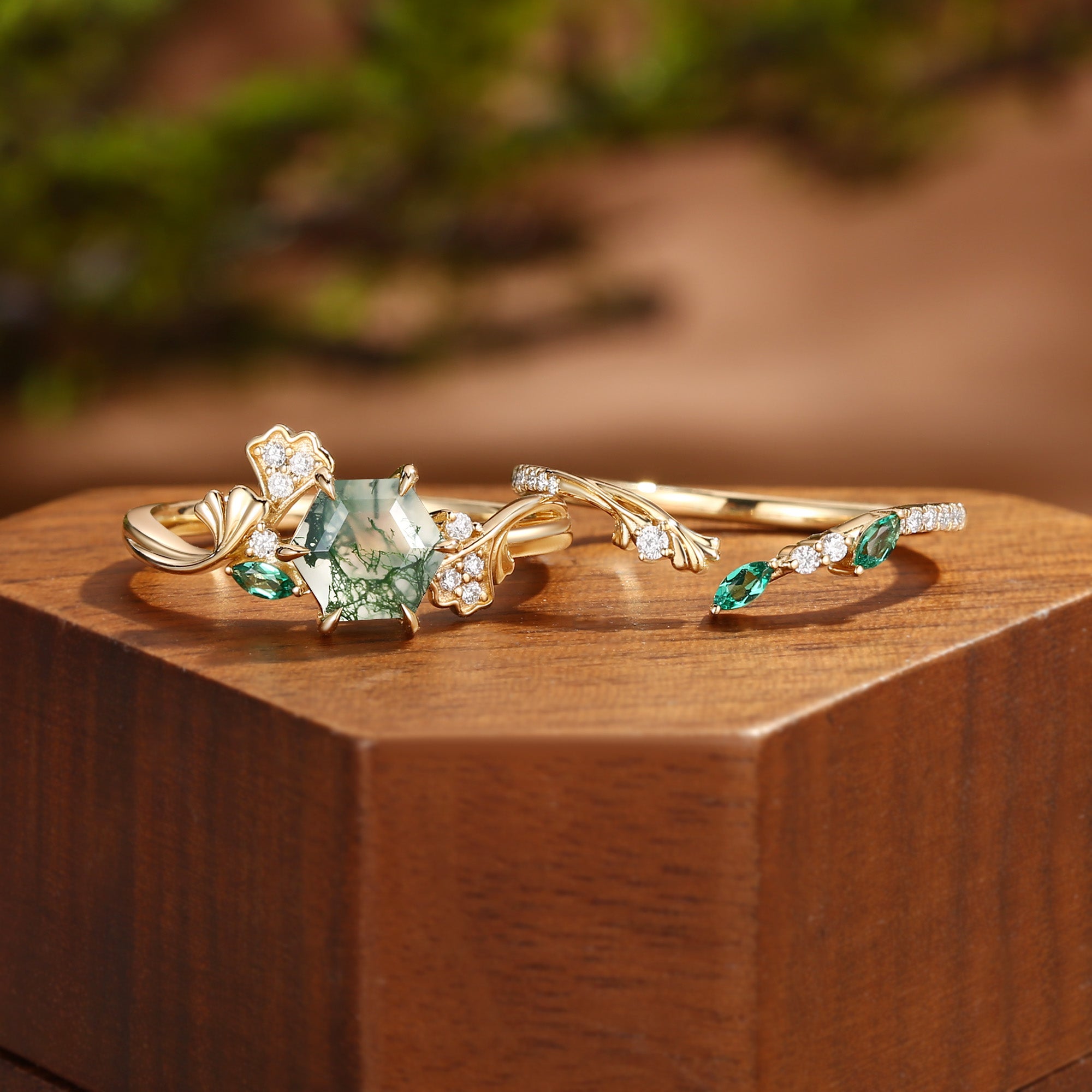Zabelle - Ginkgo of the Nature Inspired Hexagon Moss Agate Flower Ring Set 2pcs