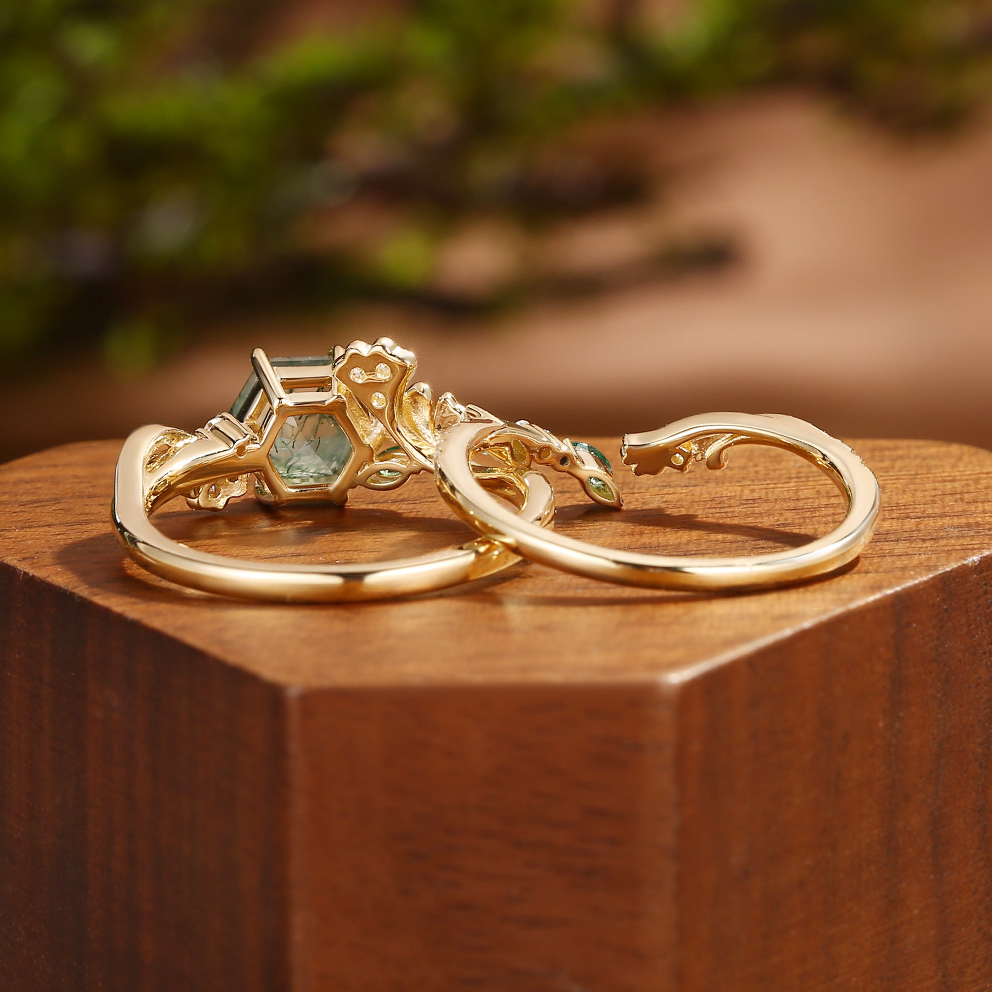 Zabelle - Ginkgo of the Nature Inspired Hexagon Moss Agate Flower Ring Set 2pcs