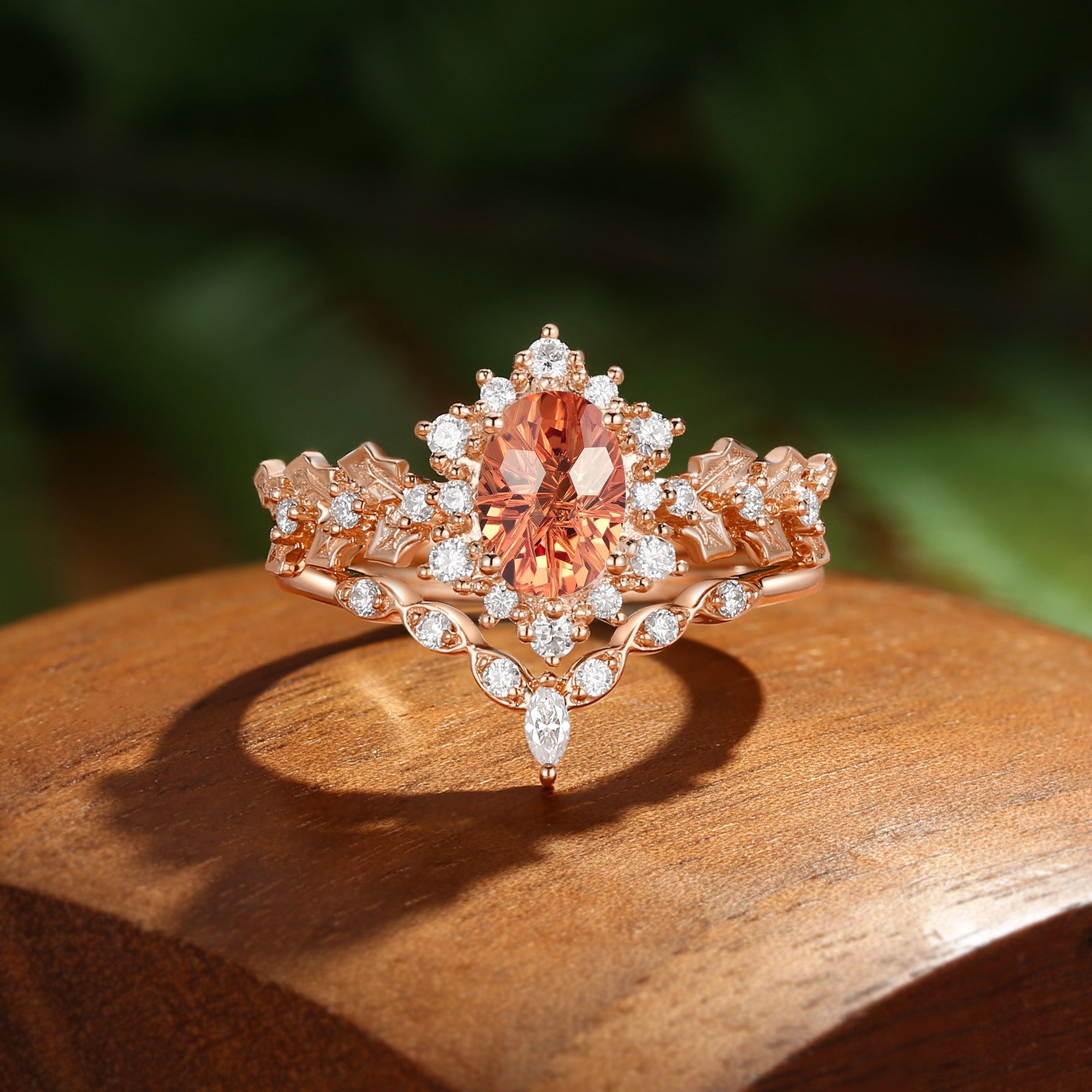 Esme - Oval Cut Firework Orange Sapphire Holly Leaf Engagement Ring Set 2PCS