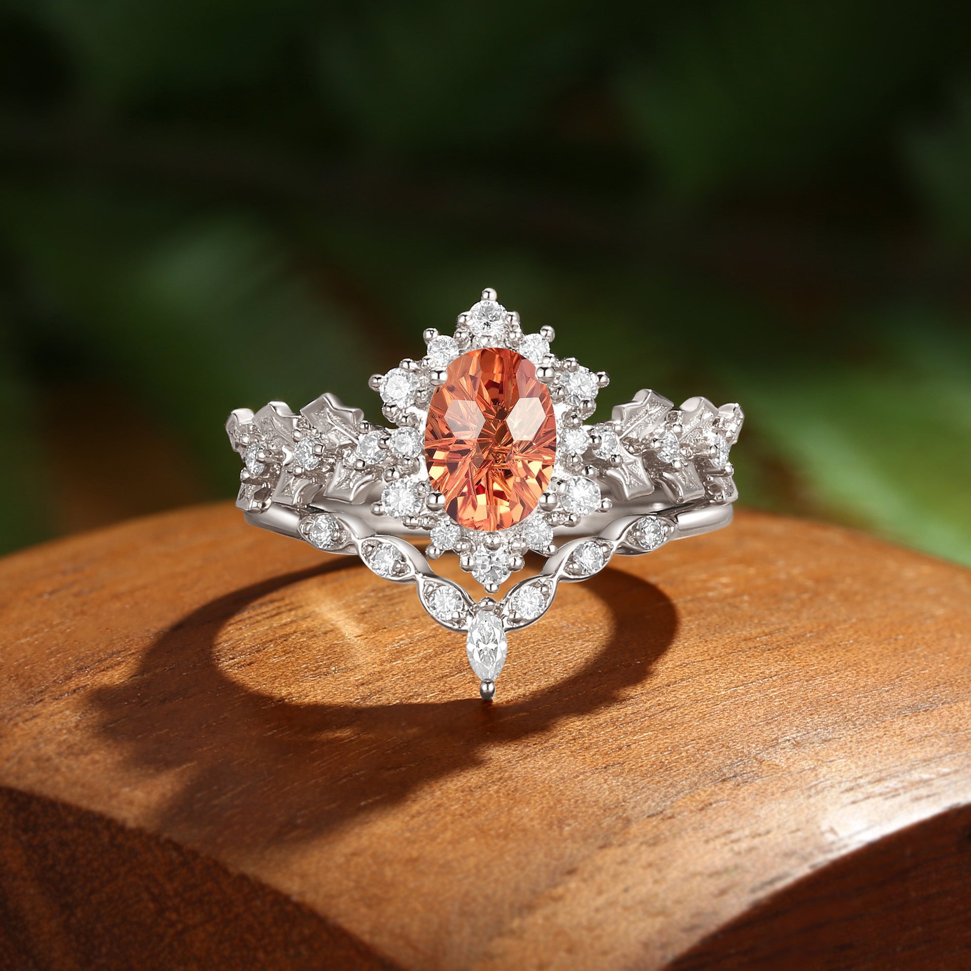 Esme - Oval Cut Firework Orange Sapphire Holly Leaf Engagement Ring Set 2PCS