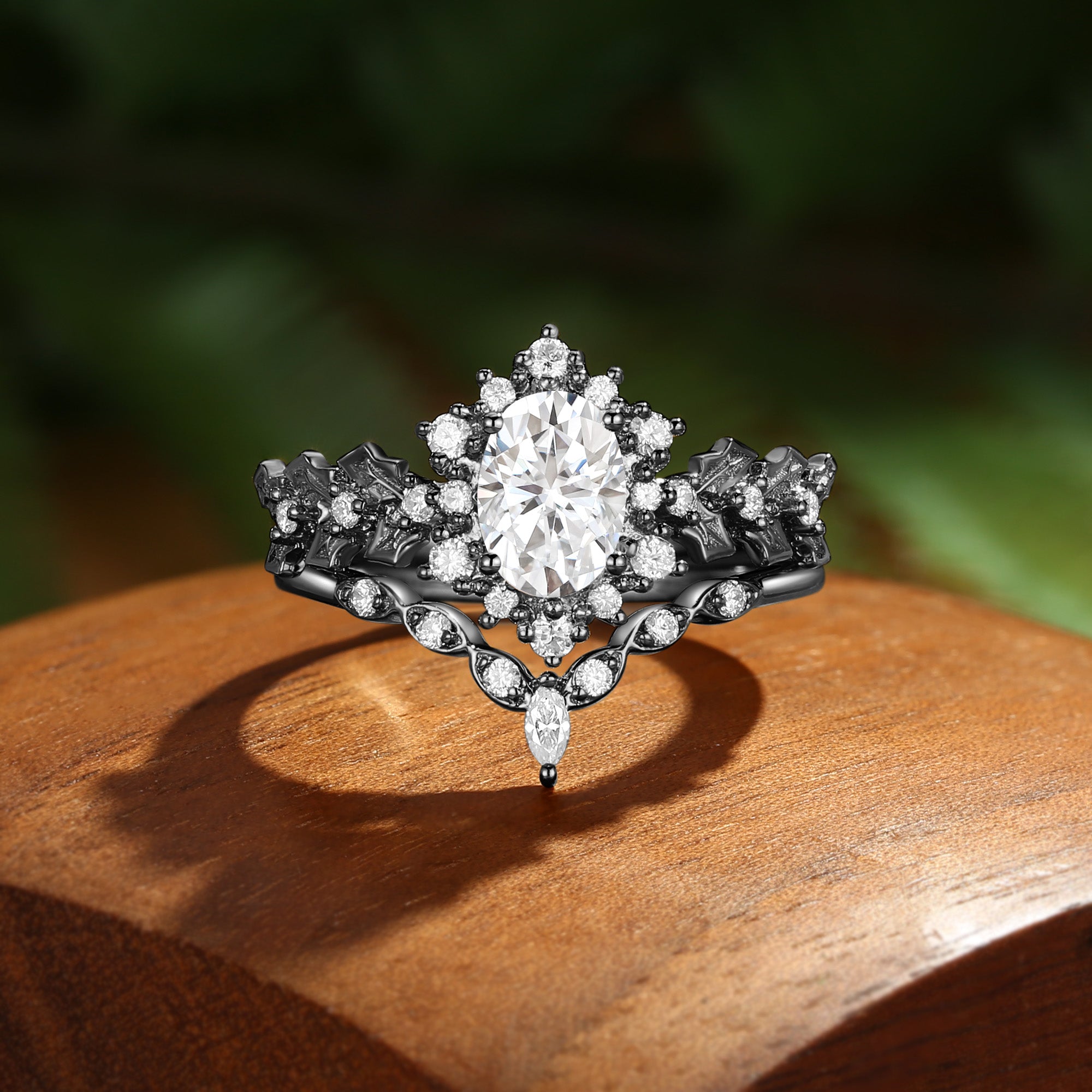 Esme - Oval Cut  Moissanite Holly Leaf Engagement Ring Set 2PCS