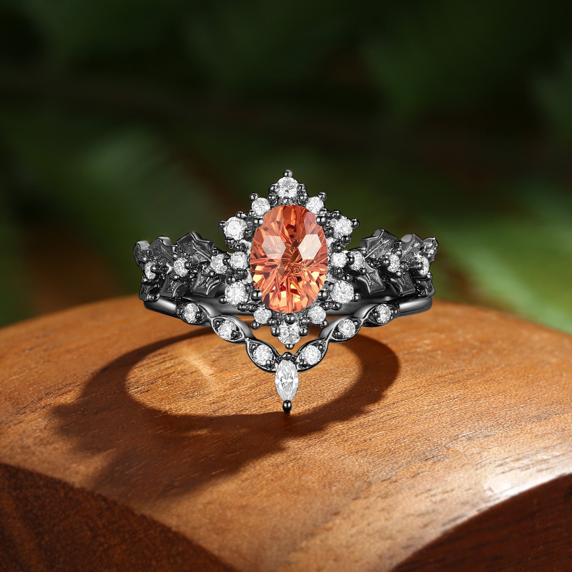 Esme - Oval Cut Firework Orange Sapphire Holly Leaf Engagement Ring Set 2PCS