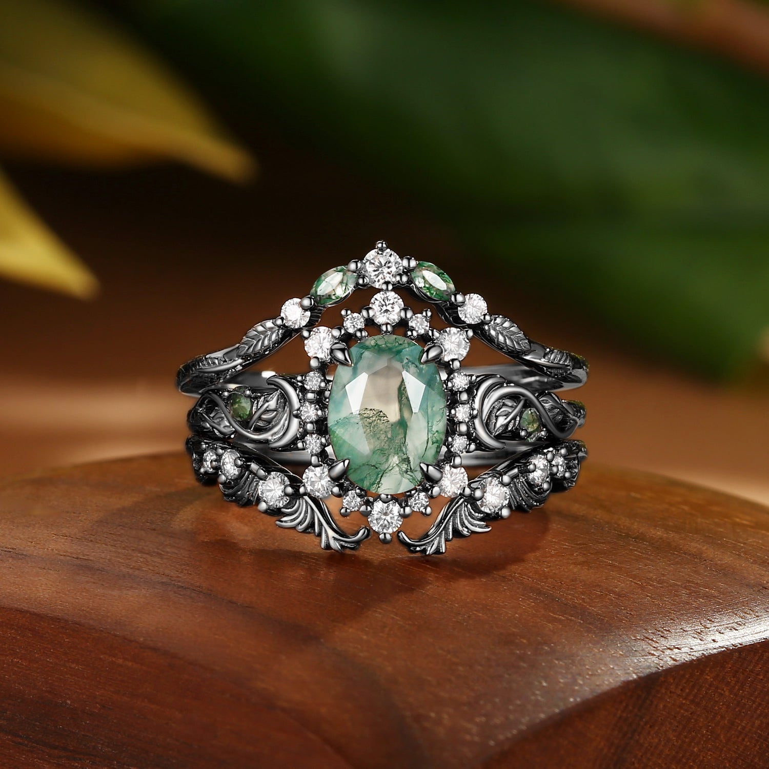 Oriana - Acanthus Leaves Moss Agate Engagement Ring Set 3pcs