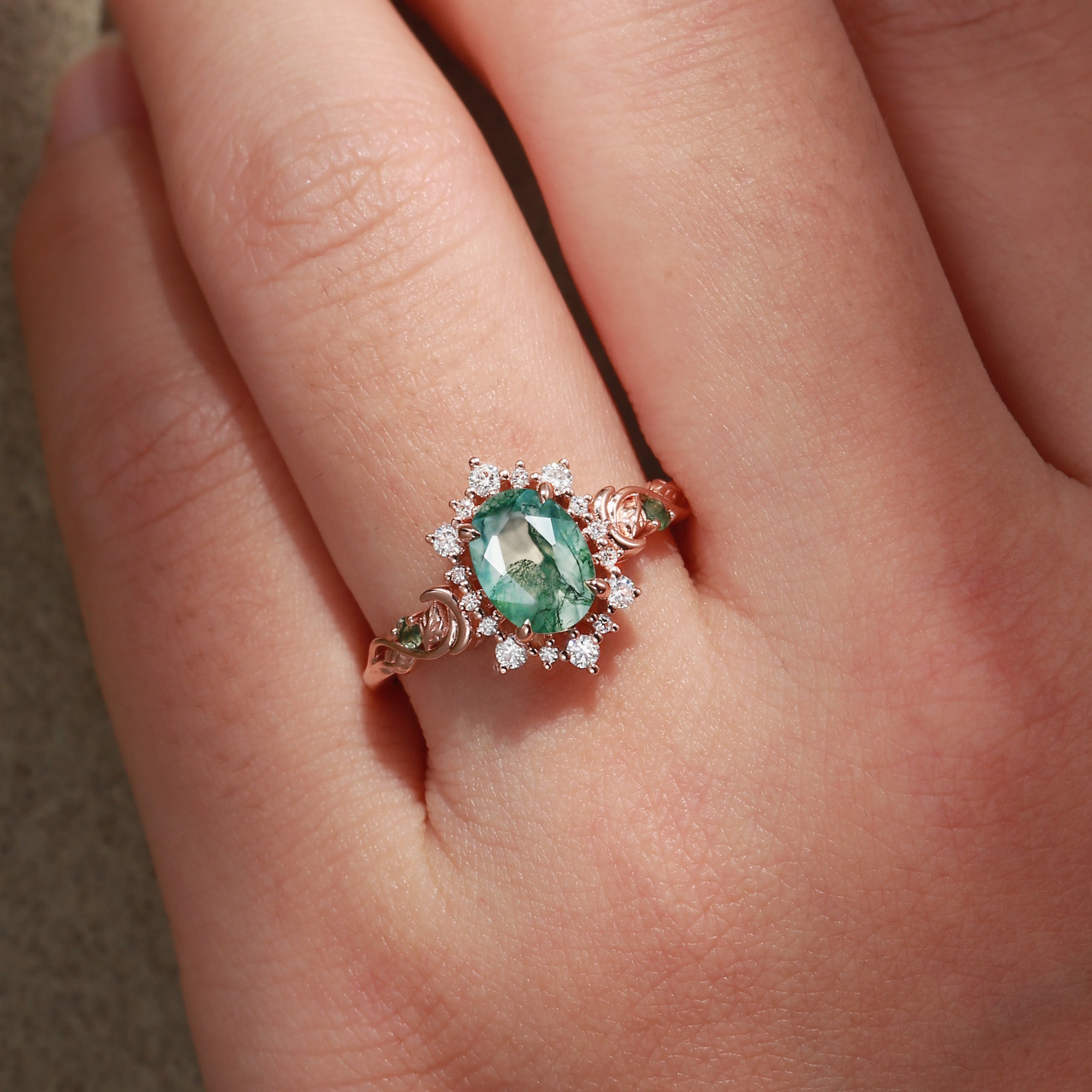 Oriana - Moss Agate Crescent Moon Engagement Ring