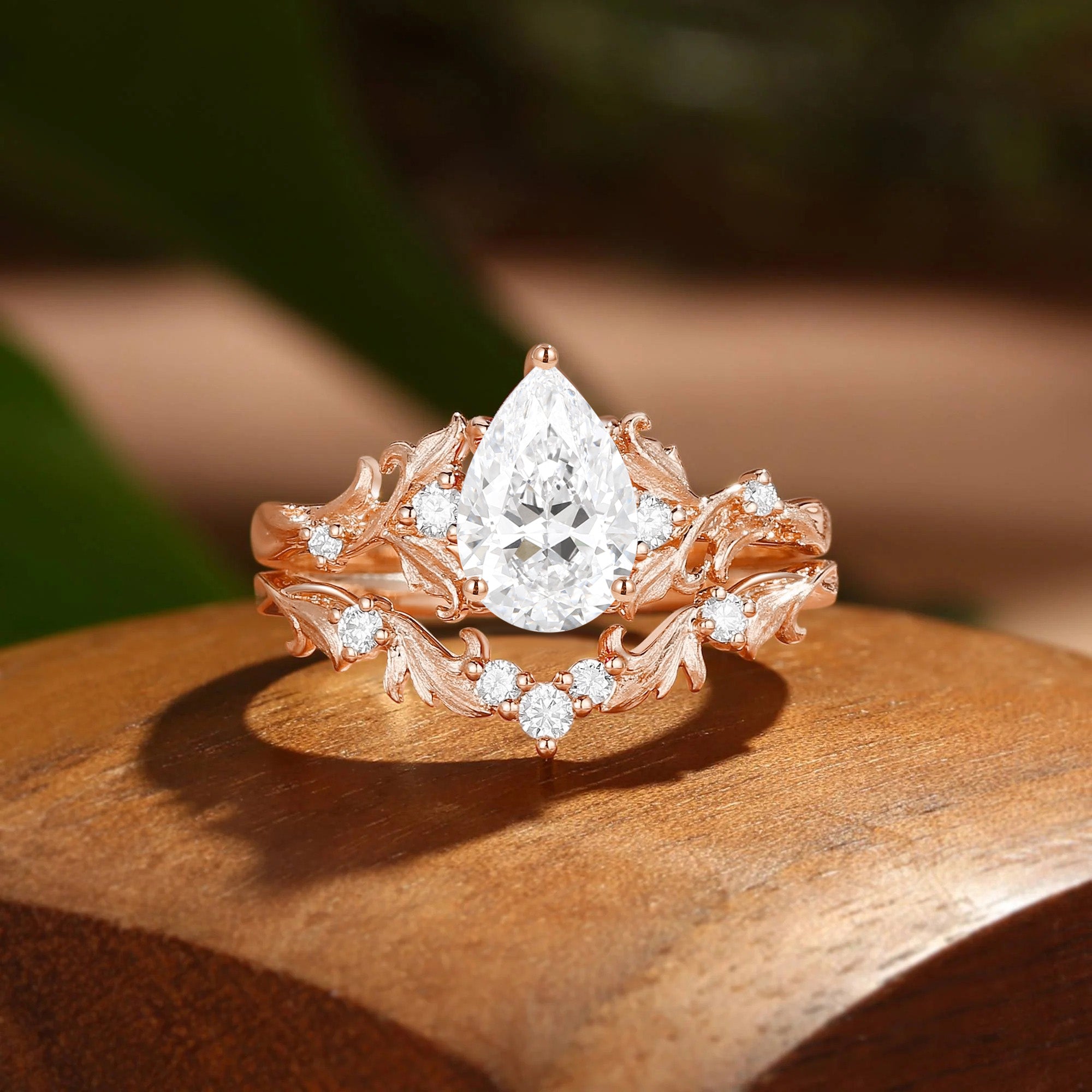 Rosa - Pear Cut Lab Grown Diamond Acanthus Inspired Art Deco Bridal Set 2pcs
