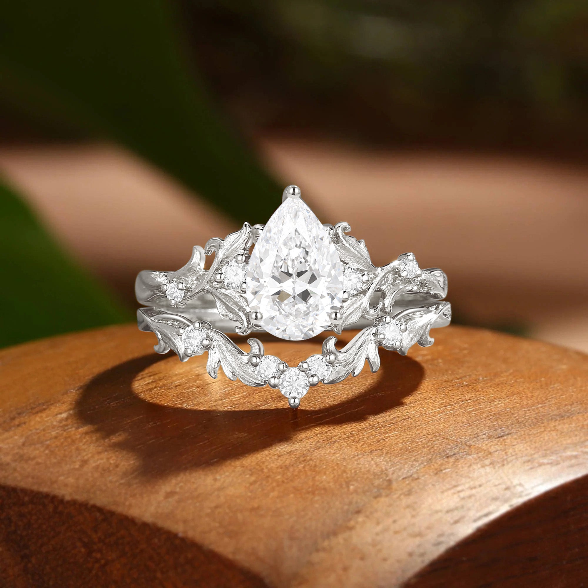 Rosa - Pear Cut Lab Grown Diamond Acanthus Inspired Art Deco Bridal Set 2pcs