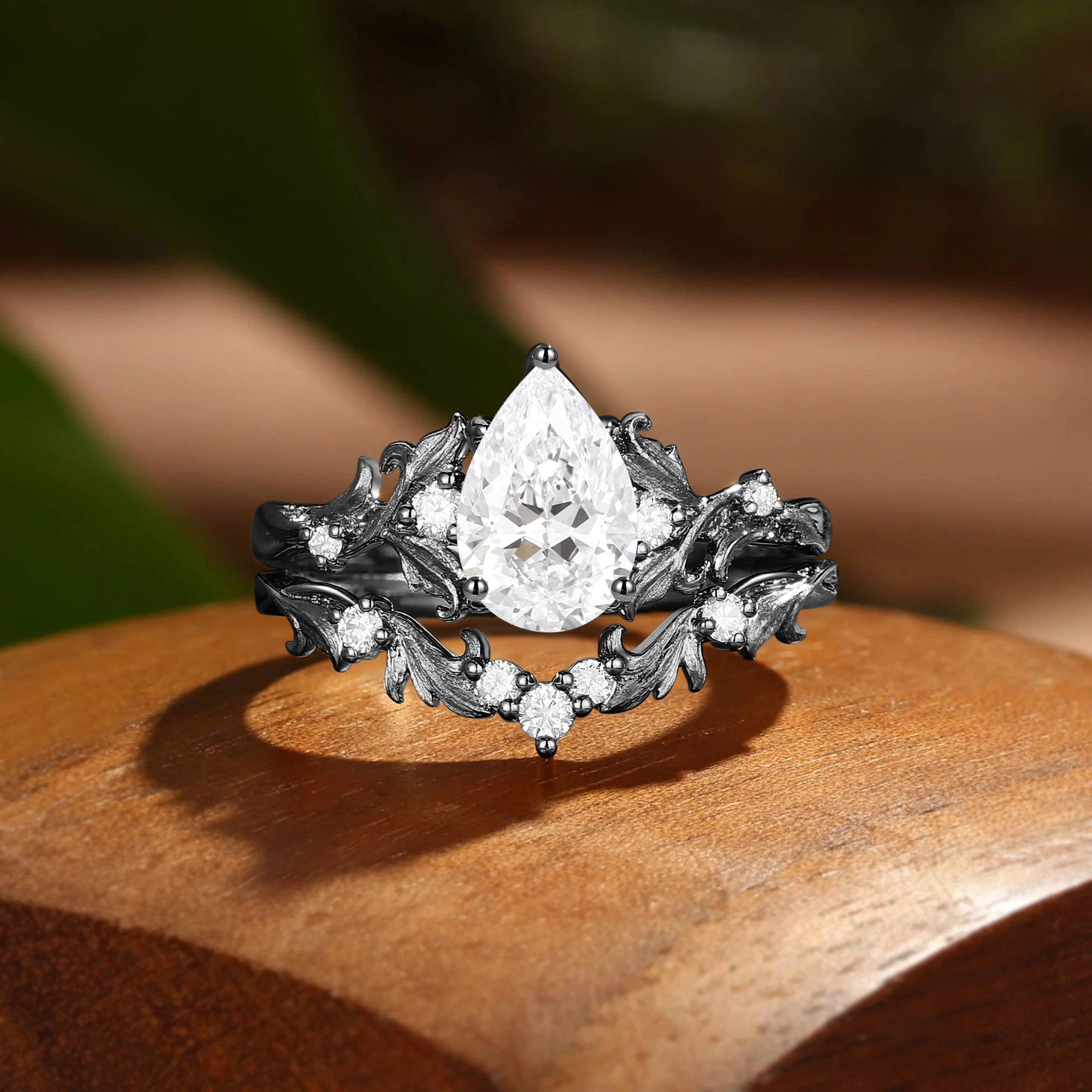 Rosa - Pear Cut Lab Grown Diamond Acanthus Inspired Art Deco Bridal Set 2pcs