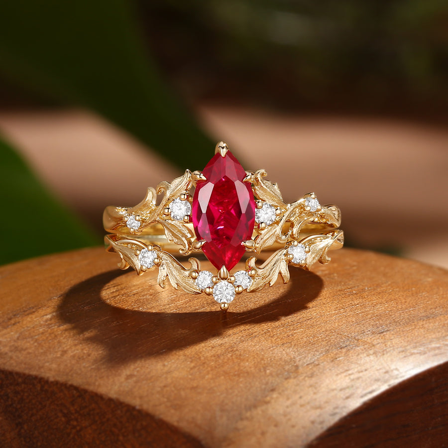 Marquise Cut Ruby Acanthus Inspired Art Deco Bridal Set 2pcs - Rosa