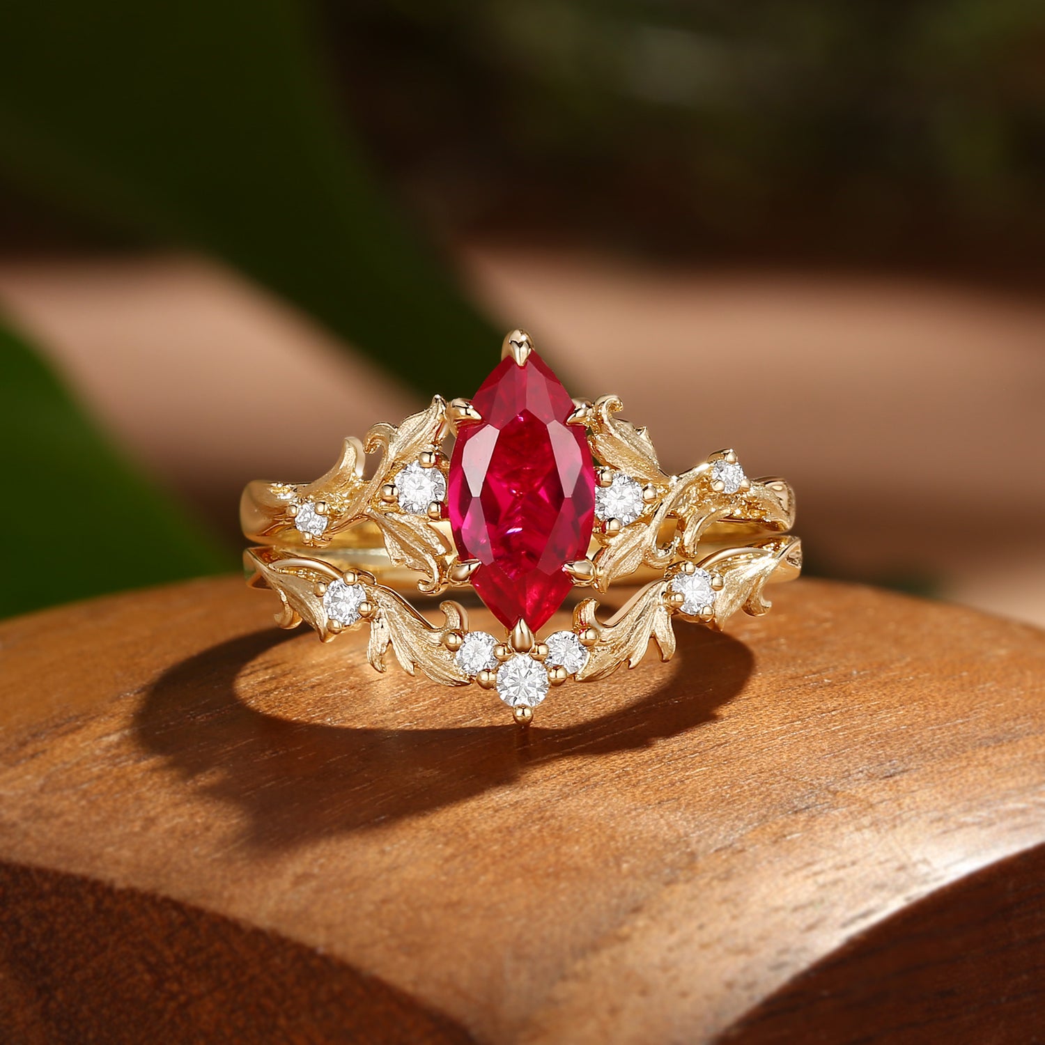 Rosa - Marquise Cut Ruby Acanthus Inspired Art Deco Bridal Set 2pcs