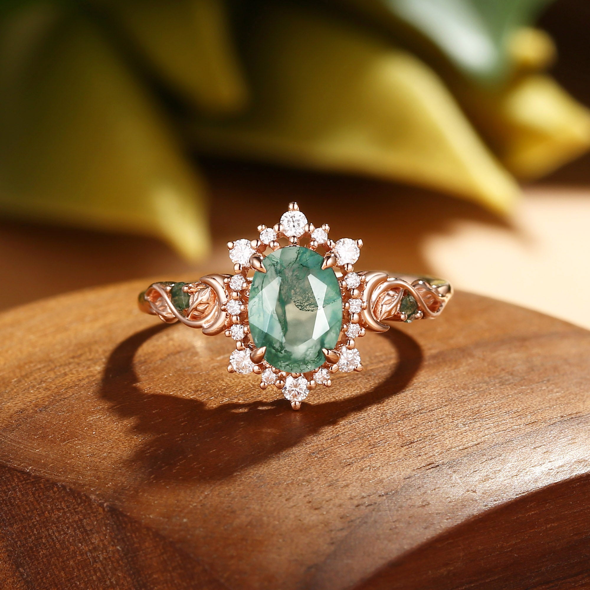Oriana - Moss Agate Crescent Moon Engagement Ring