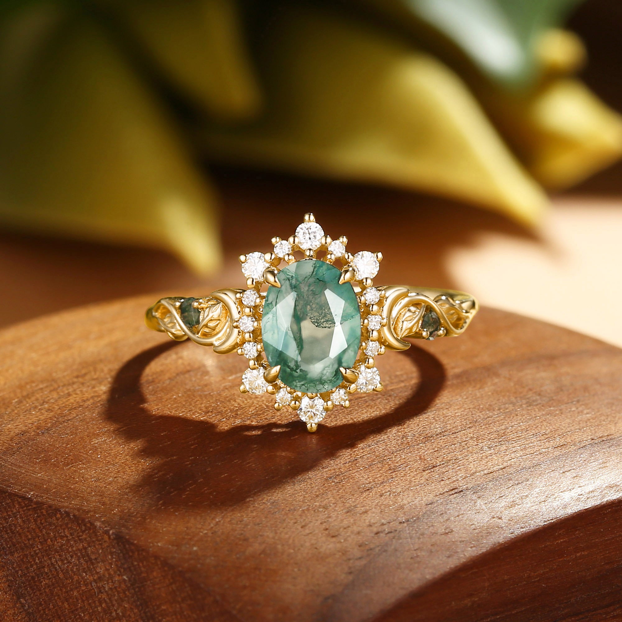 Oriana - Moss Agate Crescent Moon Engagement Ring