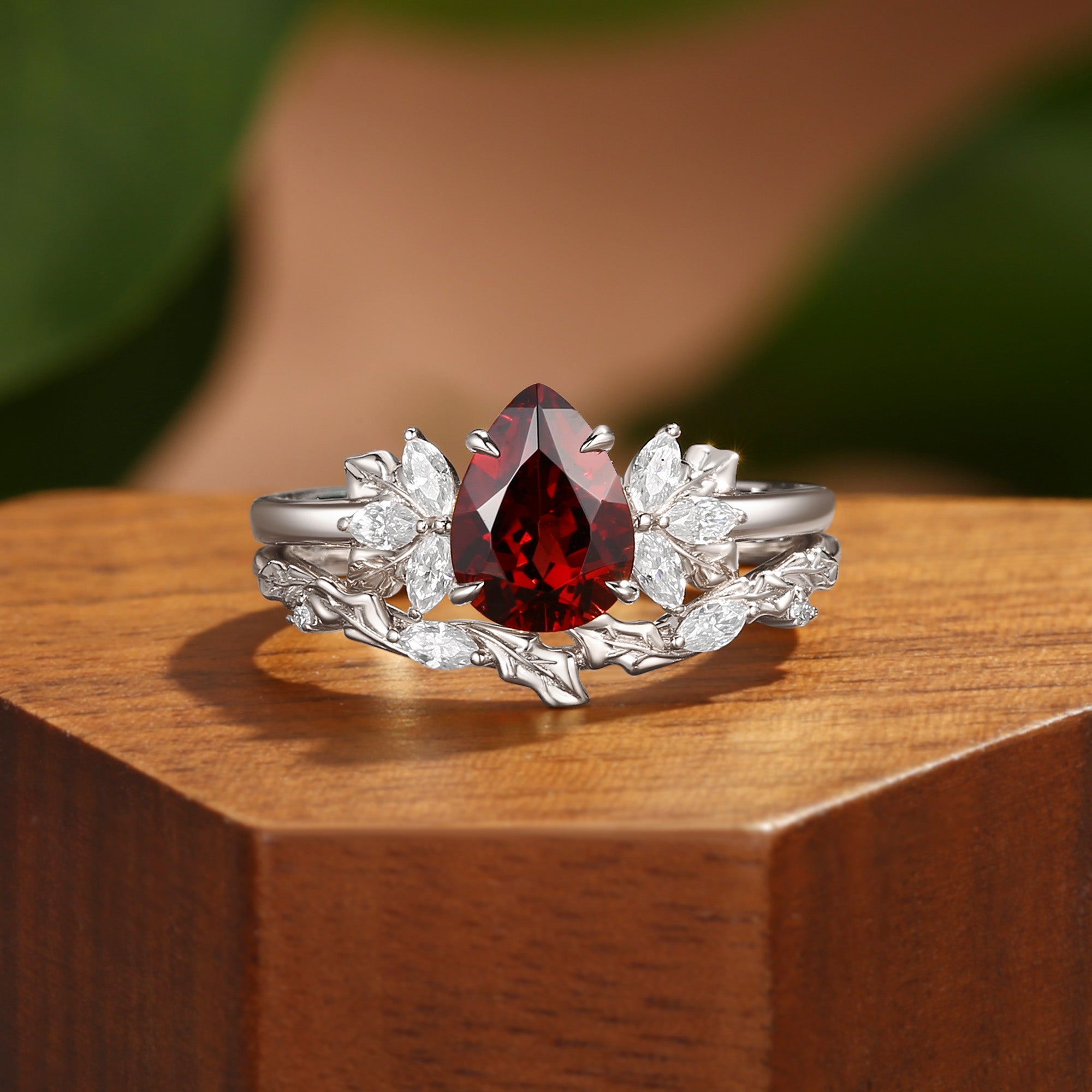 Thea - Pear Cut Red Garnet Holly Leaf Engagement Ring Set 2PCS