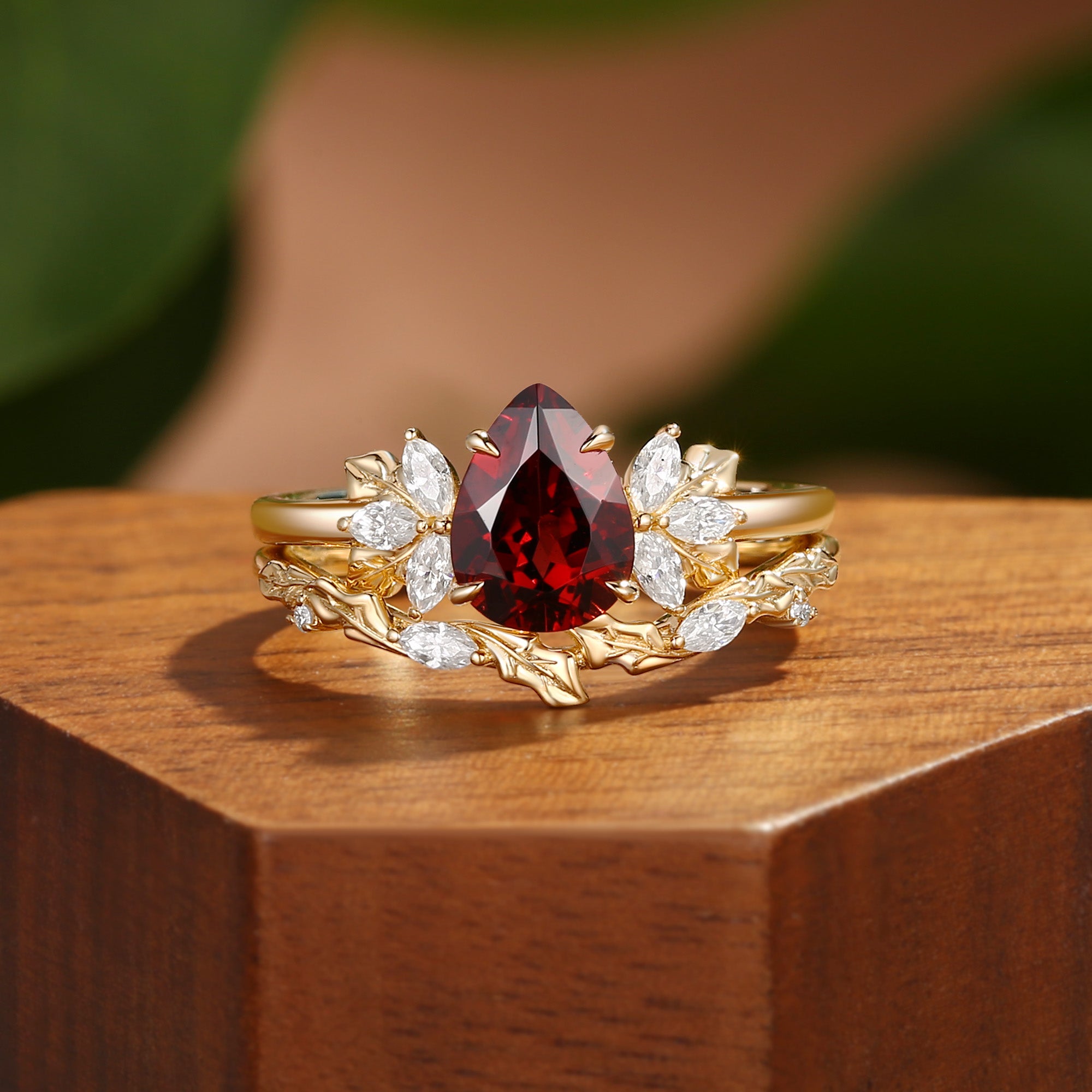Thea - Pear Cut Red Garnet Holly Leaf Engagement Ring Set 2PCS