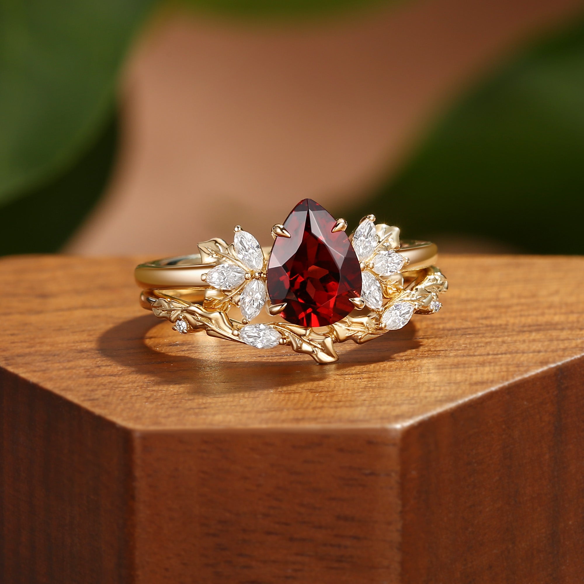 Thea - Pear Cut Red Garnet Holly Leaf Engagement Ring Set 2PCS