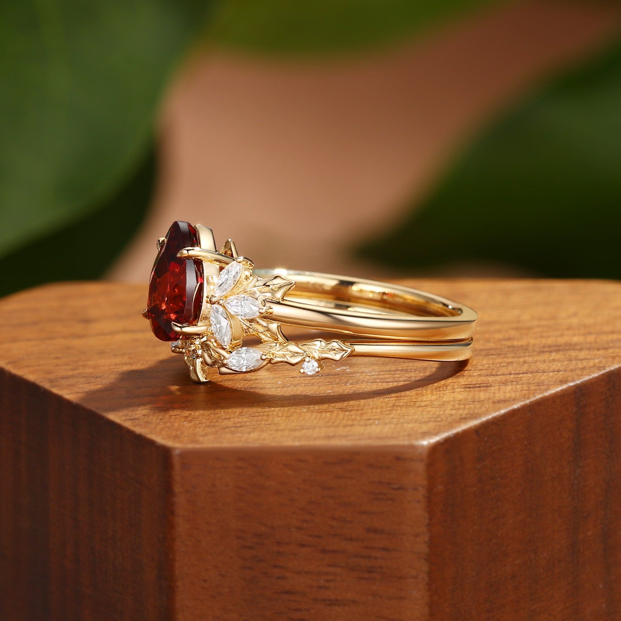 Thea - Pear Cut Red Garnet Holly Leaf Engagement Ring Set 2PCS