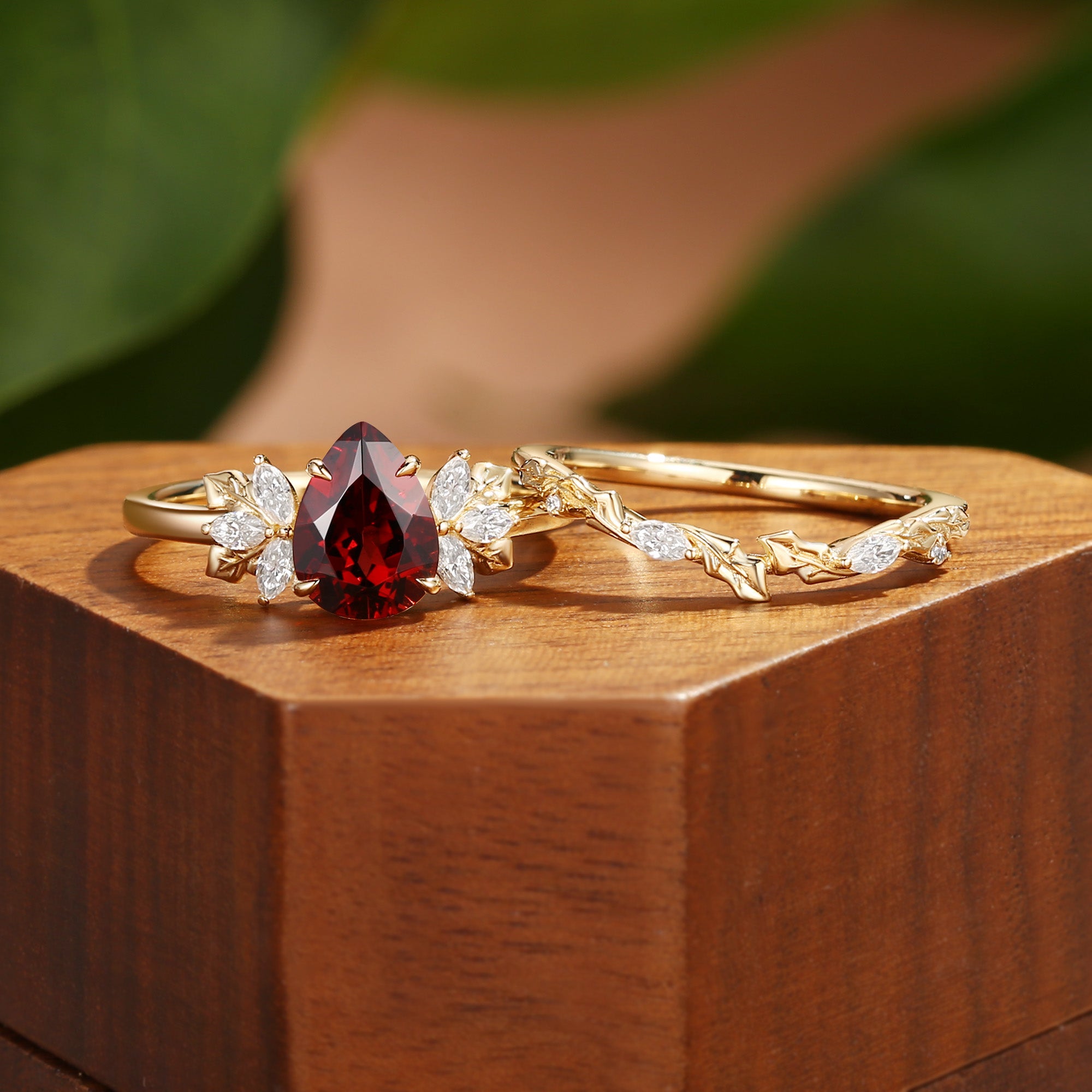 Thea - Pear Cut Red Garnet Holly Leaf Engagement Ring Set 2PCS