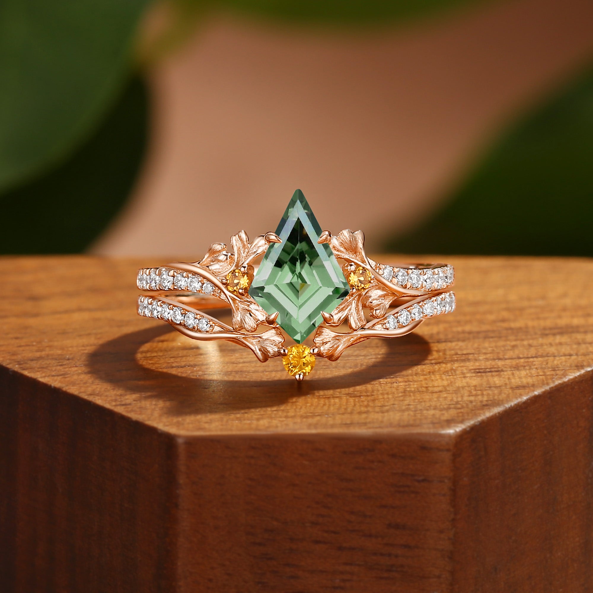 Unique Kite Cut Green Sapphire Yellow Gold Ginkgo Leaf Bridal Set 2pcs - Sienna