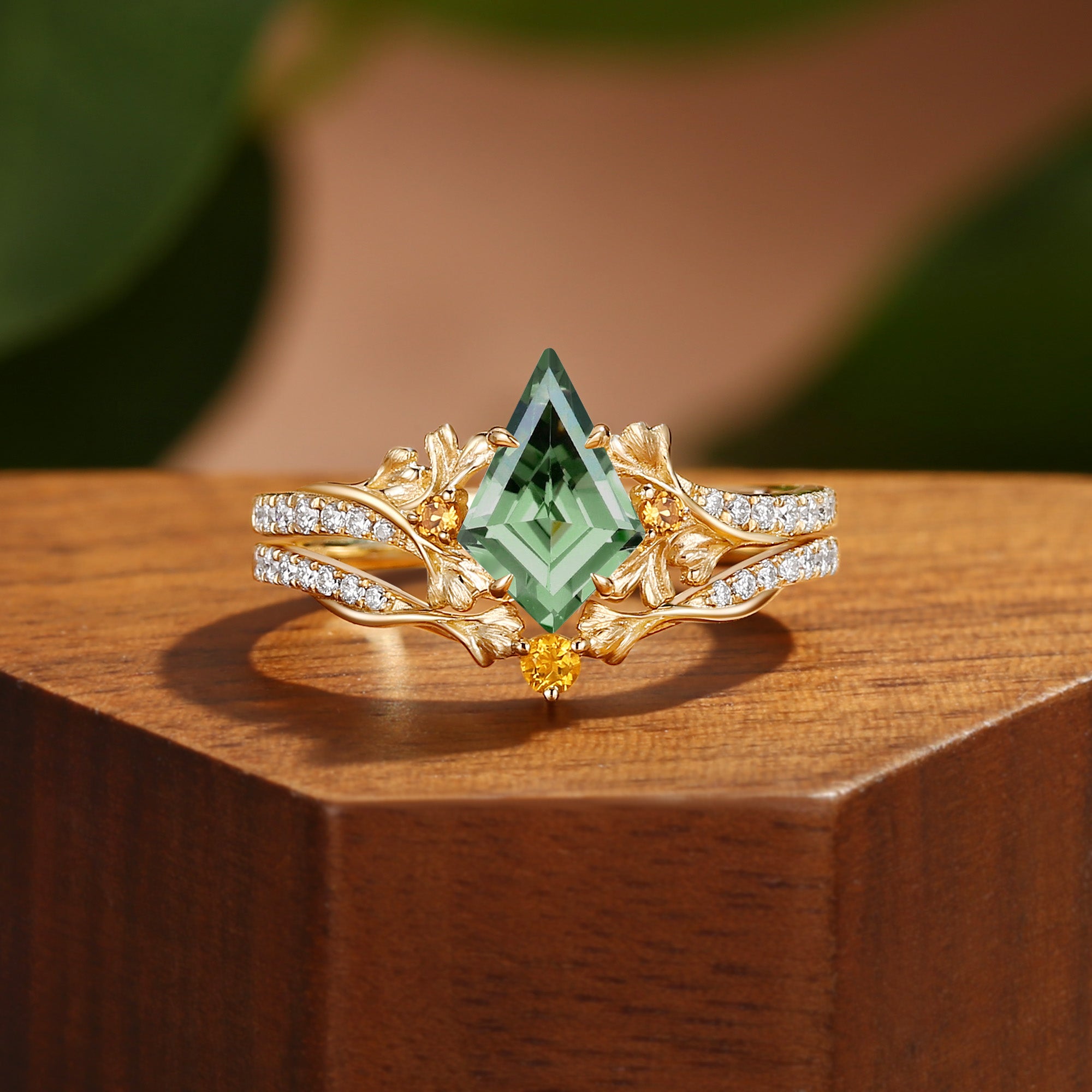 Unique Kite Cut Green Sapphire Yellow Gold Ginkgo Leaf Bridal Set 2pcs - Sienna