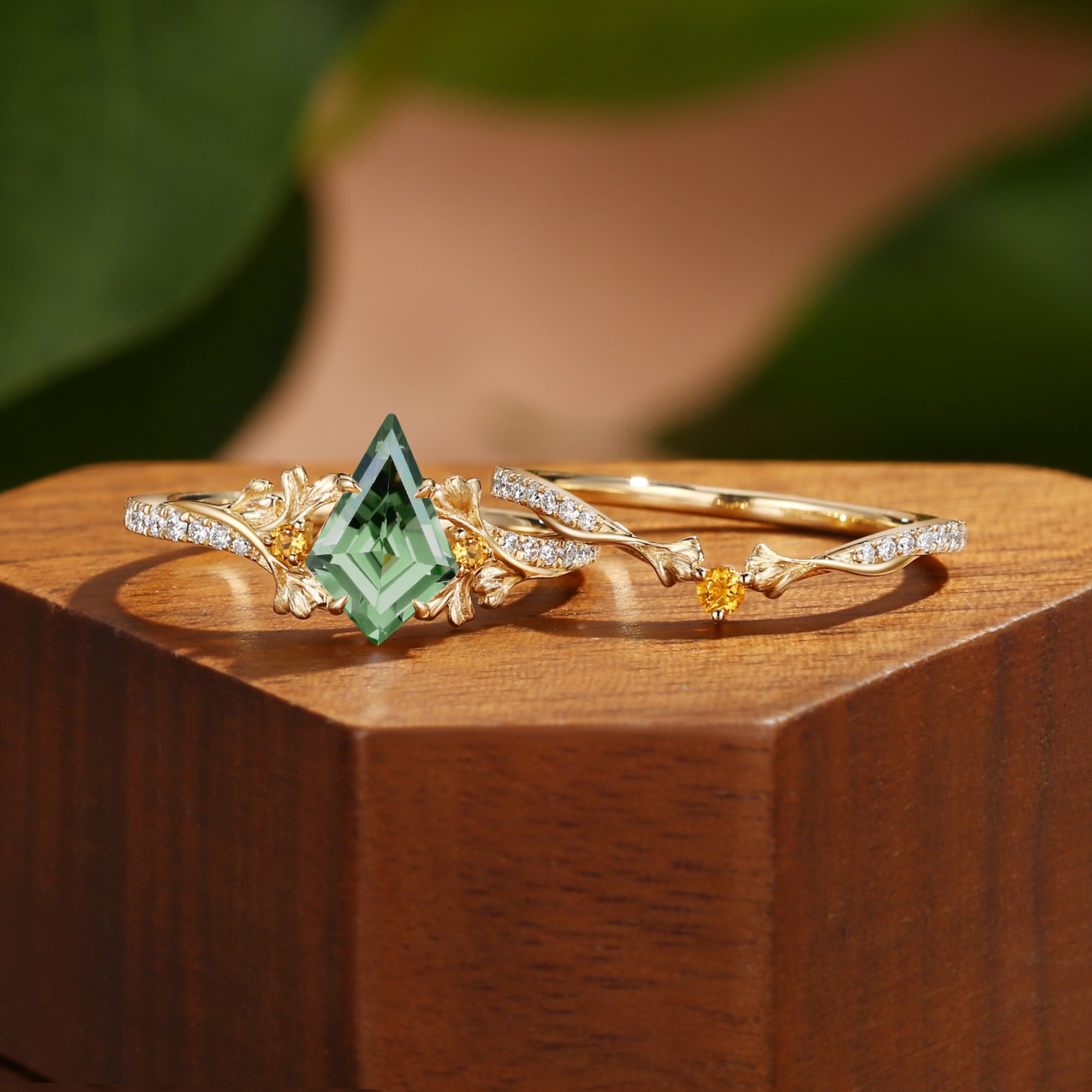 Unique Kite Cut Green Sapphire Yellow Gold Ginkgo Leaf Bridal Set 2pcs - Sienna