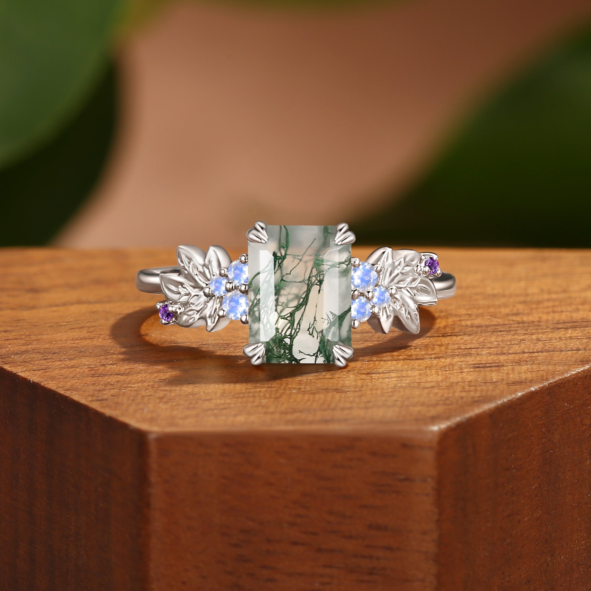 Emerald Cut Moss Agate Nature Inspired Grape  Leafy Engagement Ring