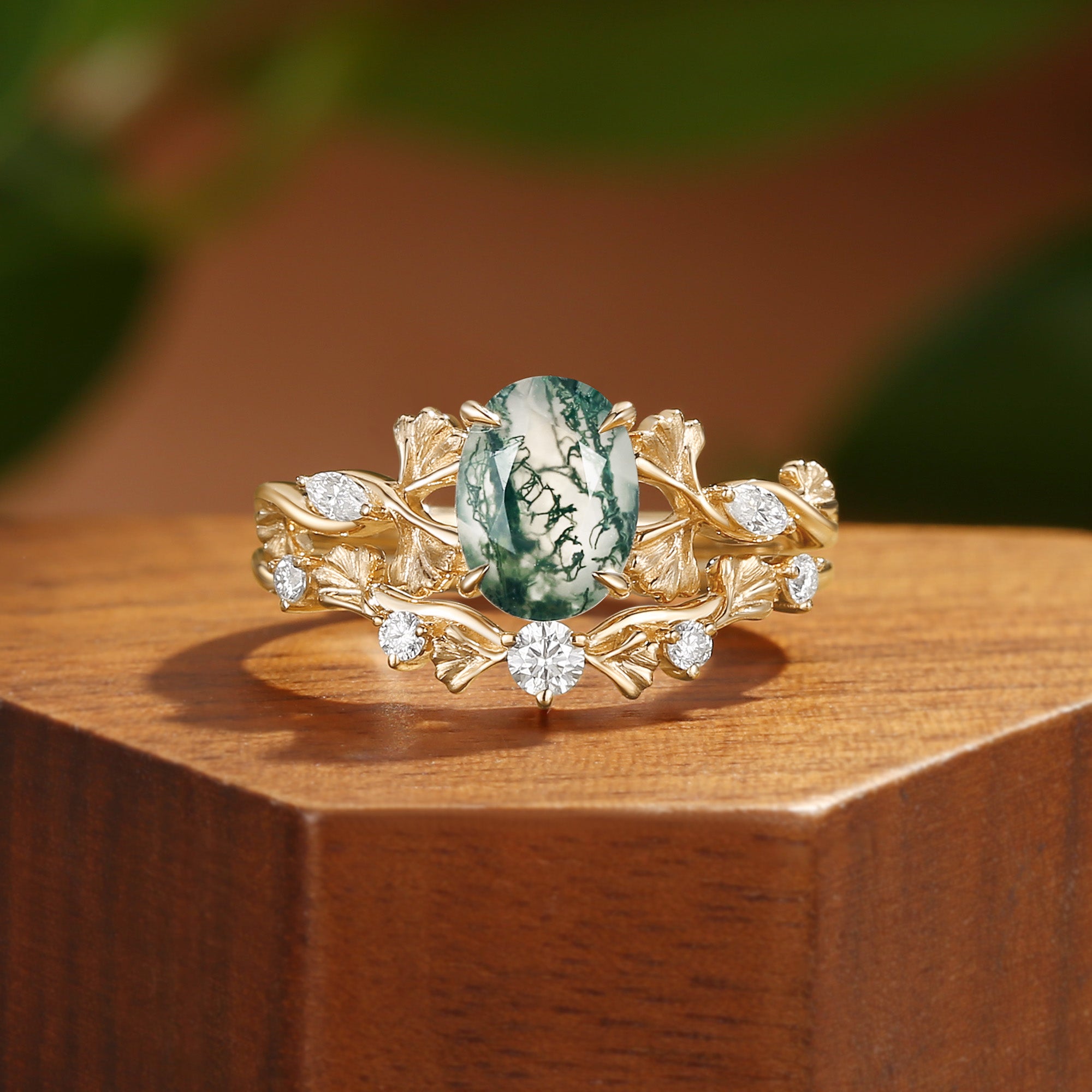 Reverie - Oval Cut Moss Agate Ginkgo Leaf Nature Inspired Engagement Ring Set 2pcs