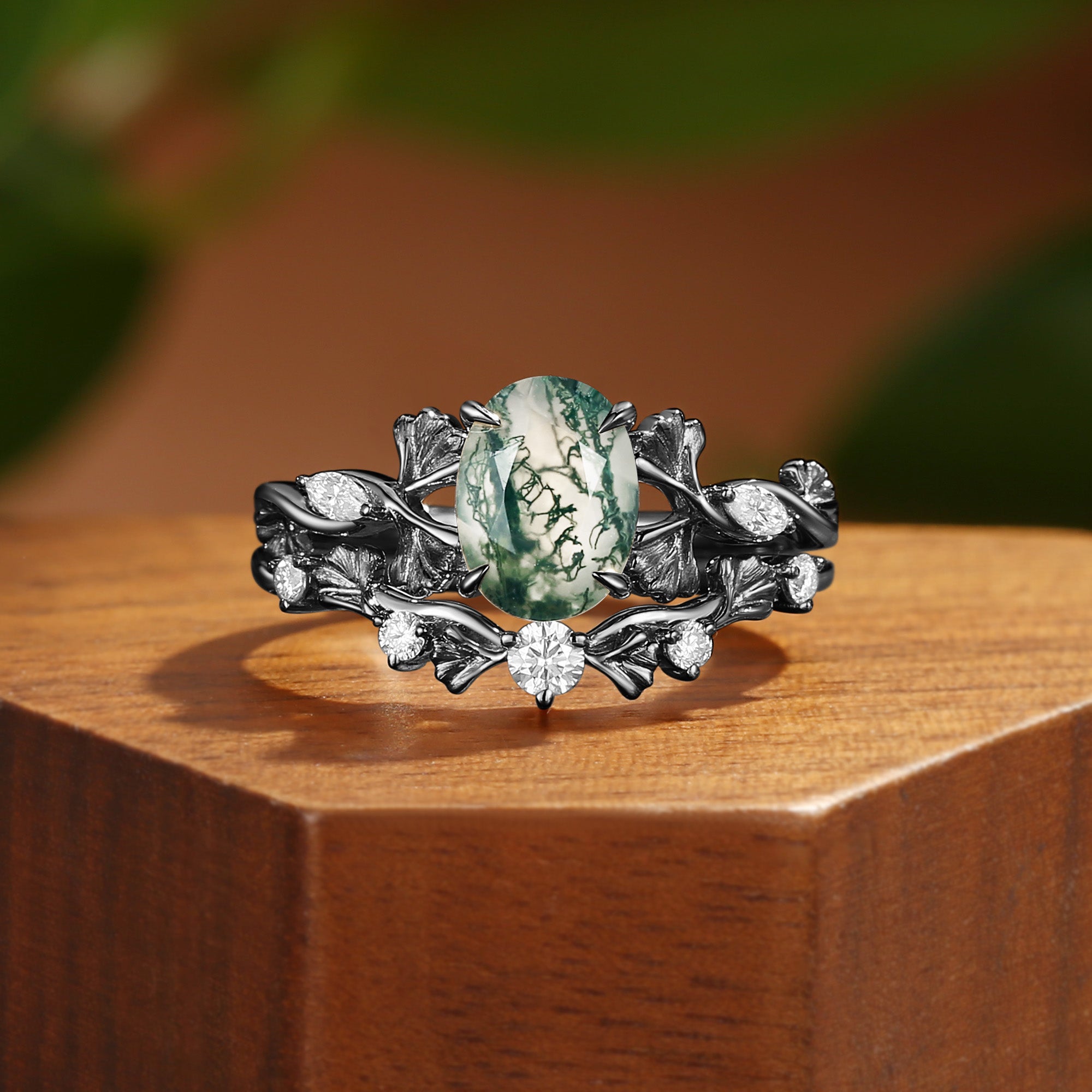 Reverie - Oval Cut Moss Agate Ginkgo Leaf Nature Inspired Engagement Ring Set 2pcs