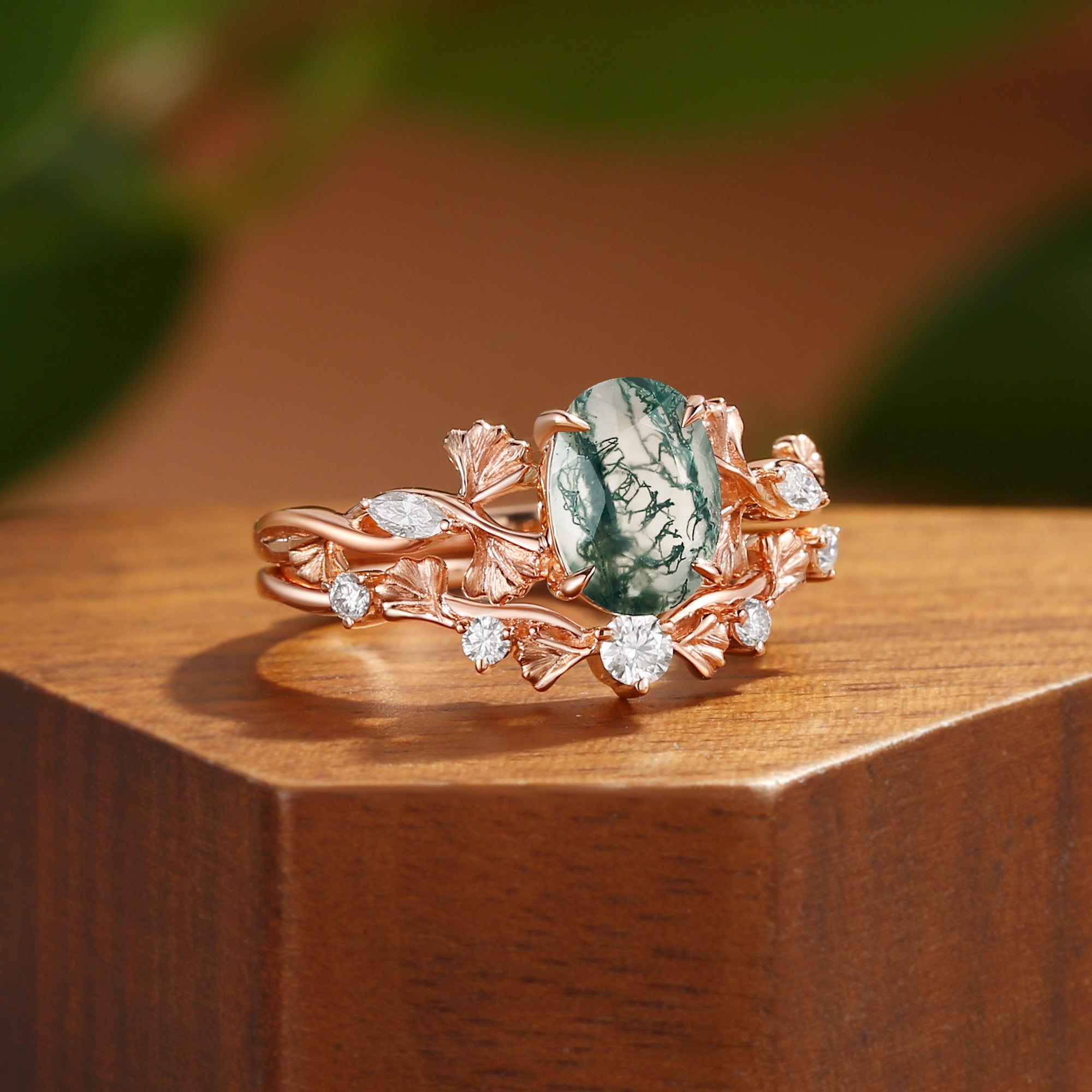 Reverie - Oval Cut Moss Agate Ginkgo Leaf Nature Inspired Engagement Ring Set 2pcs