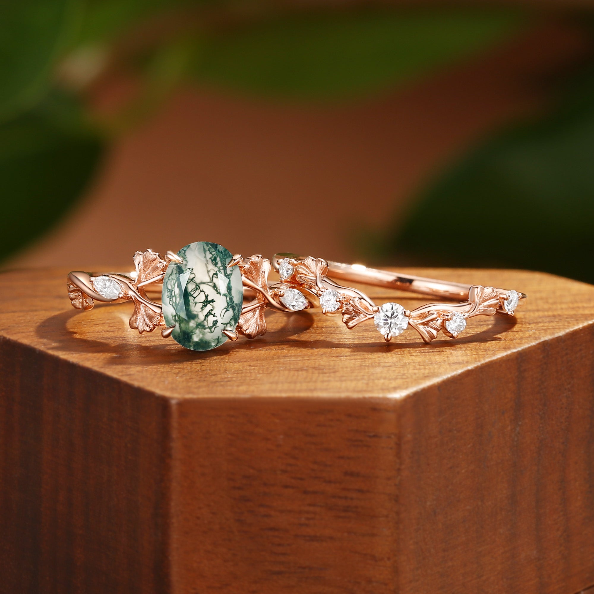 Reverie - Oval Cut Moss Agate Ginkgo Leaf Nature Inspired Engagement Ring Set 2pcs