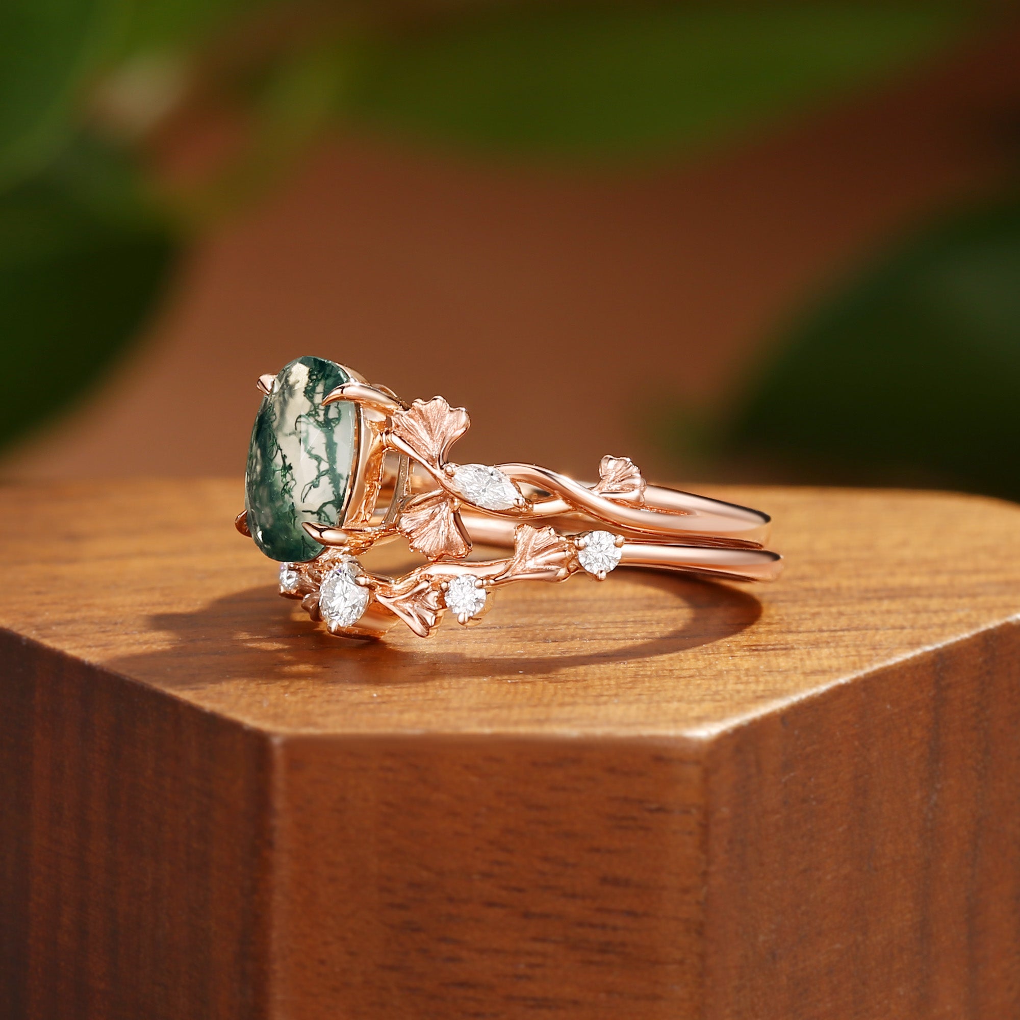 Reverie - Oval Cut Moss Agate Ginkgo Leaf Nature Inspired Engagement Ring Set 2pcs