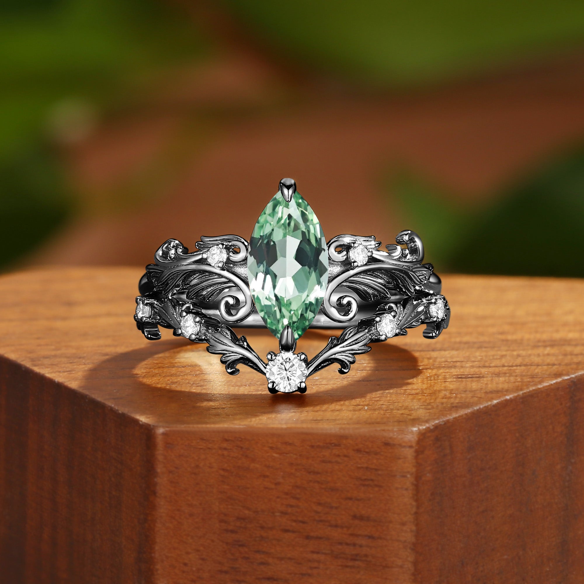 Vintage Marquise Cut Green Sapphire Acanthus Leaf Wedding Ring Set 2pcs - Rhea