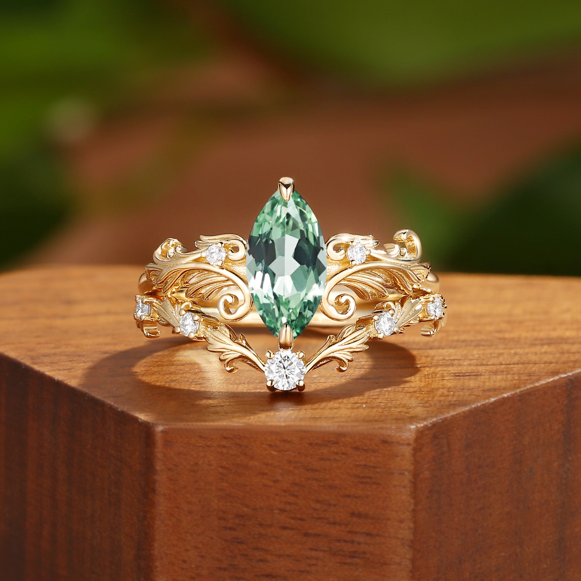Vintage Marquise Cut Green Sapphire Acanthus Leaf Wedding Ring Set 2pcs - Rhea