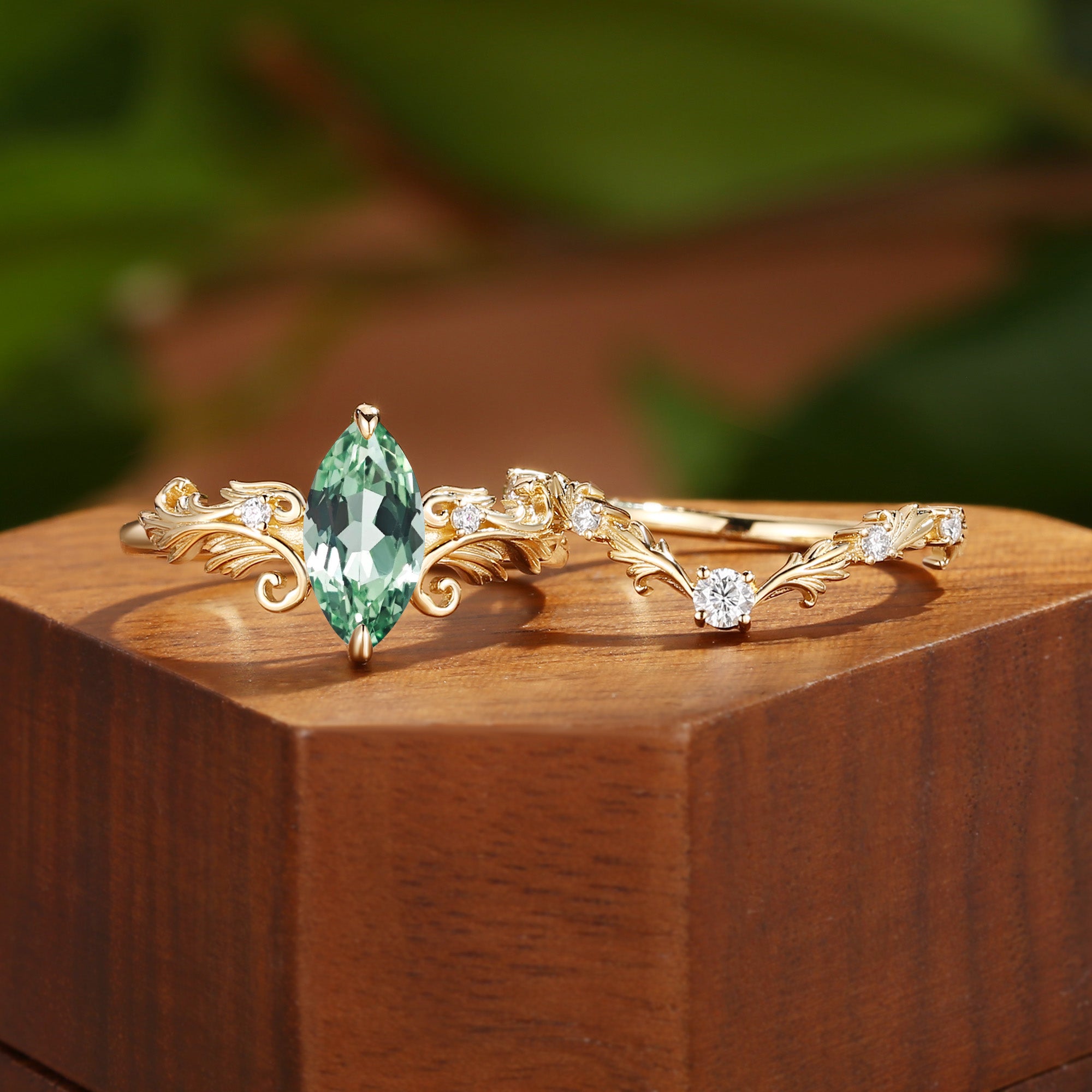 Vintage Marquise Cut Green Sapphire Acanthus Leaf Wedding Ring Set 2pcs - Rhea