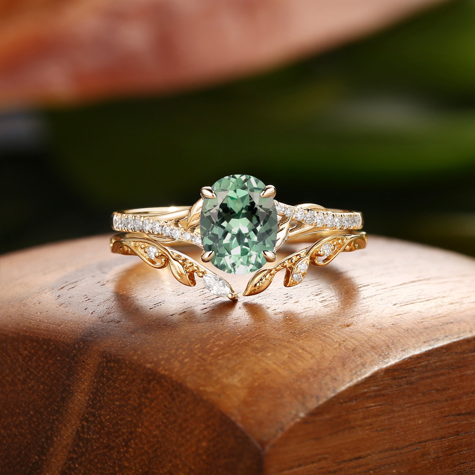 Hermine - Lab Green Sapphire Leaf Fairy Engagement Ring Set 2pcs