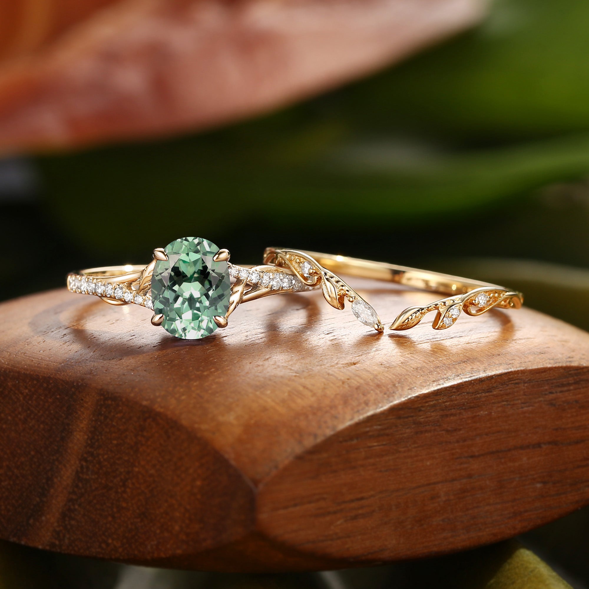 Hermine - Lab Green Sapphire Leaf Fairy Engagement Ring Set 2pcs