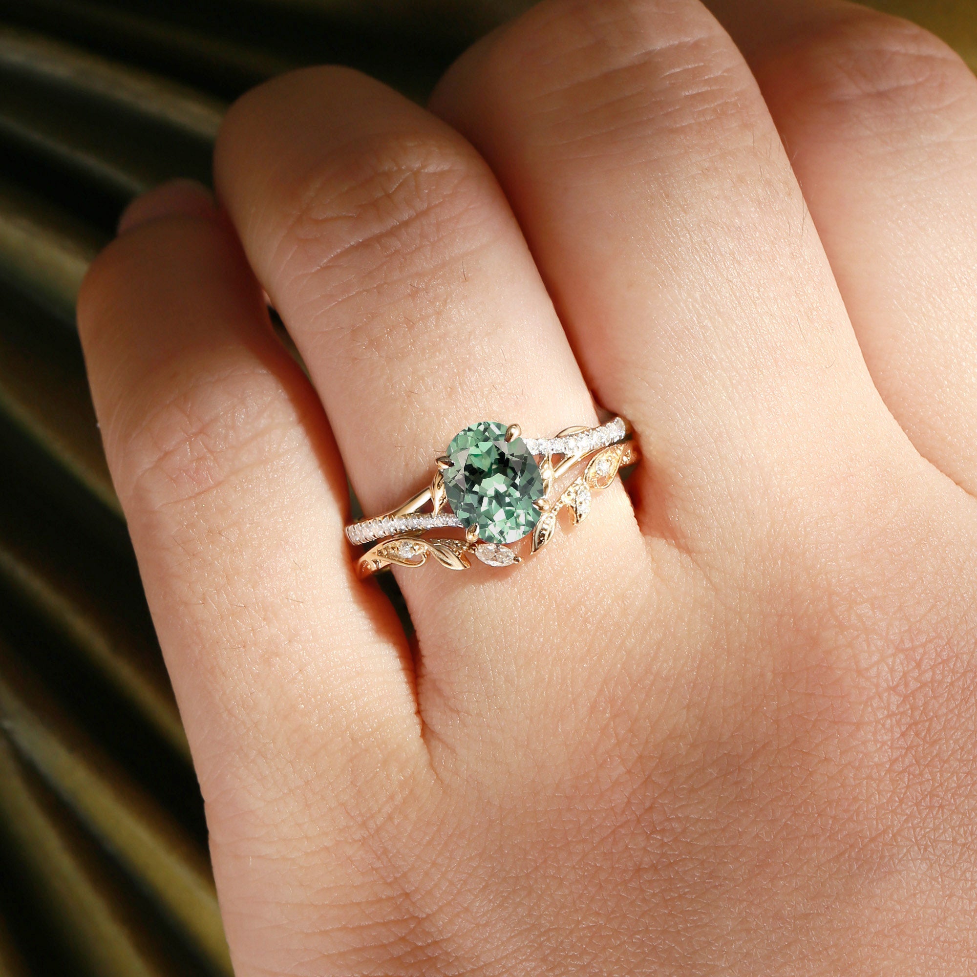 Hermine - Lab Green Sapphire Leaf Fairy Engagement Ring Set 2pcs