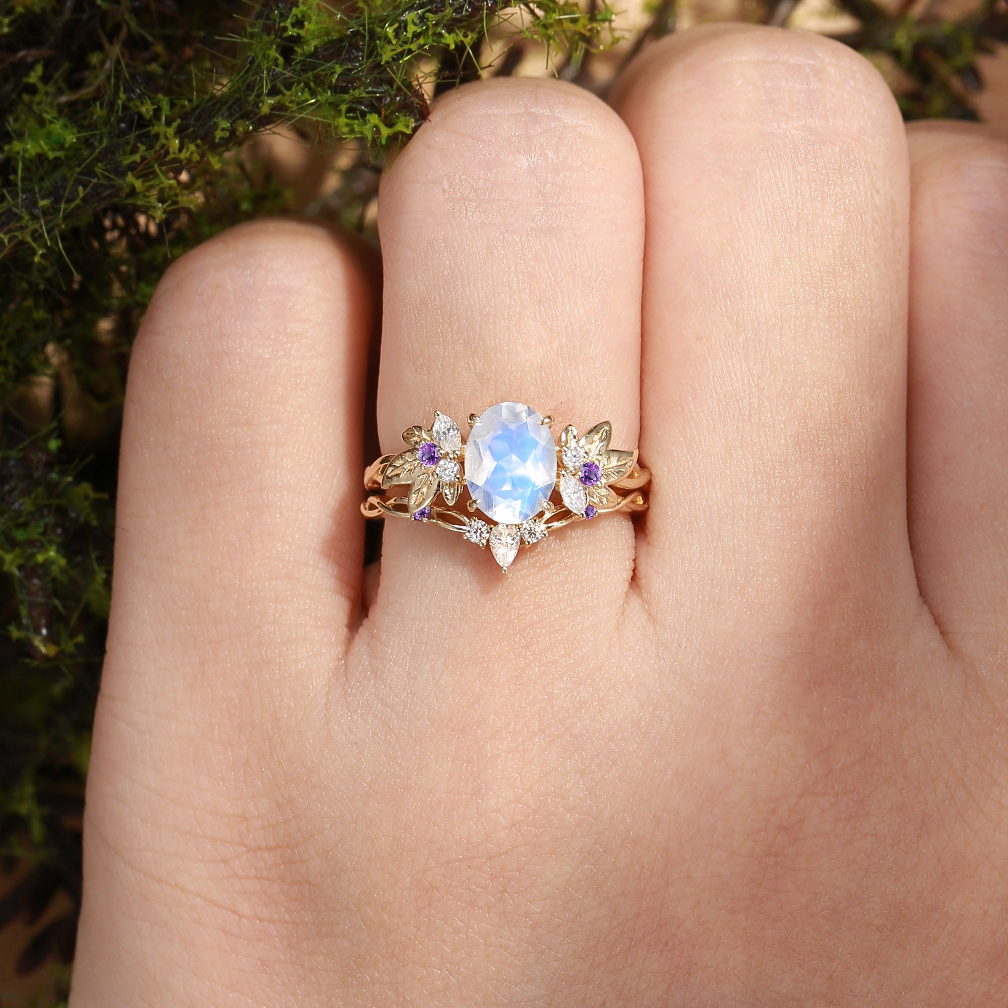 Tindra - Oval Cut  Moonstone Grape Leaf Nature Engagement Ring Set 2pcs
