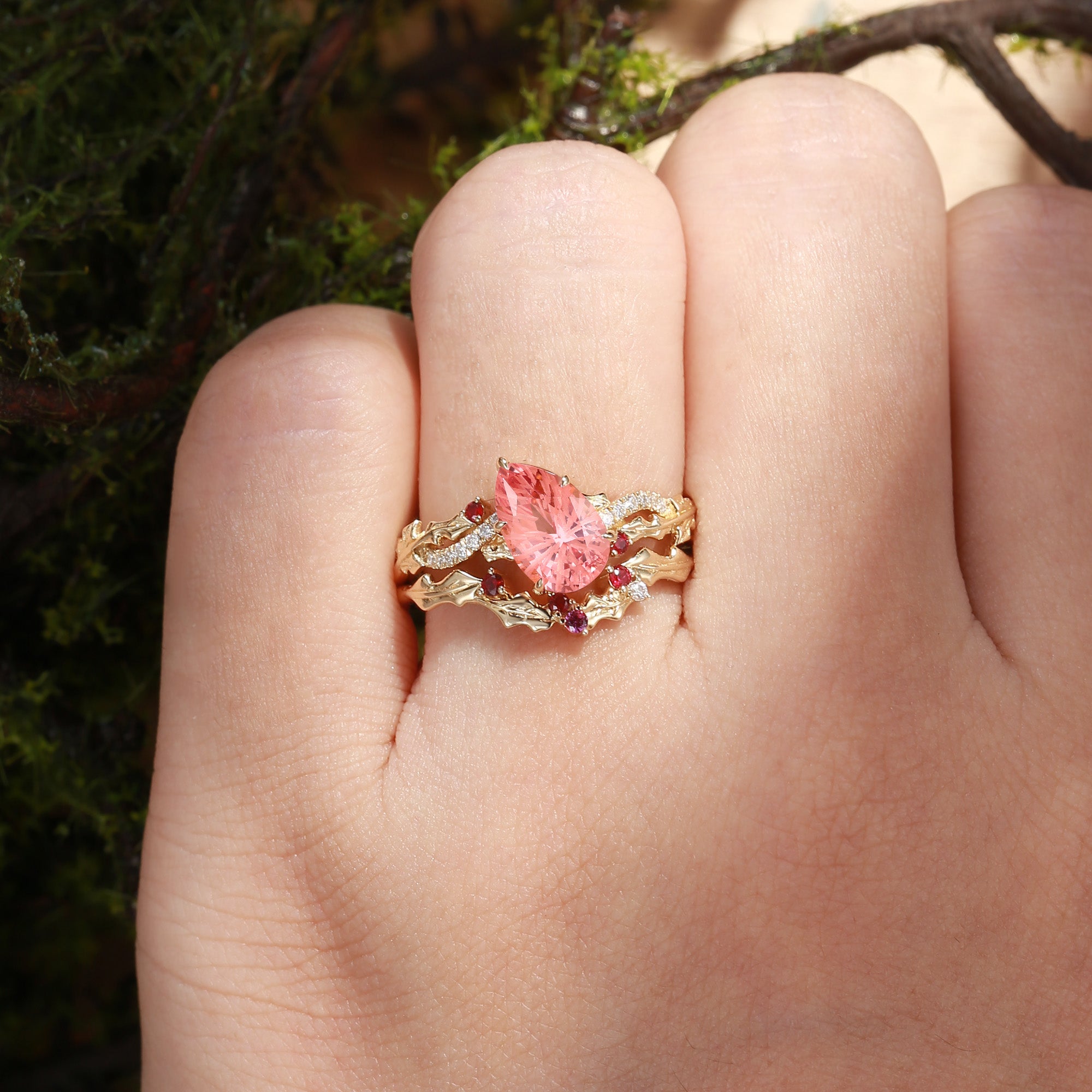 Victoria - Holly Twist Leaf  Firework Cut  Padparadscha Engagement Ring Set 2pcs