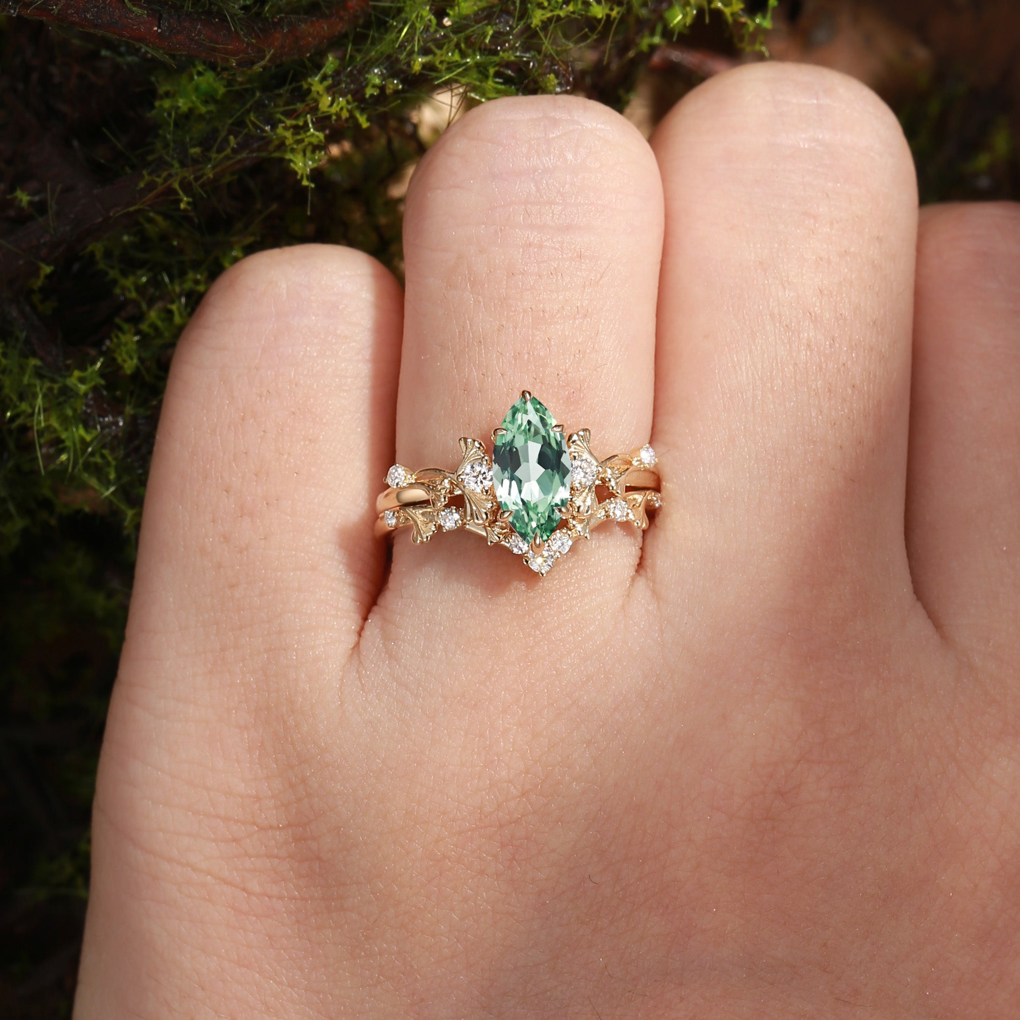 Unique Marquise Cut Green Sapphire Yellow Gold Ginkgo Leaf Bridal Set 2pcs - Liora