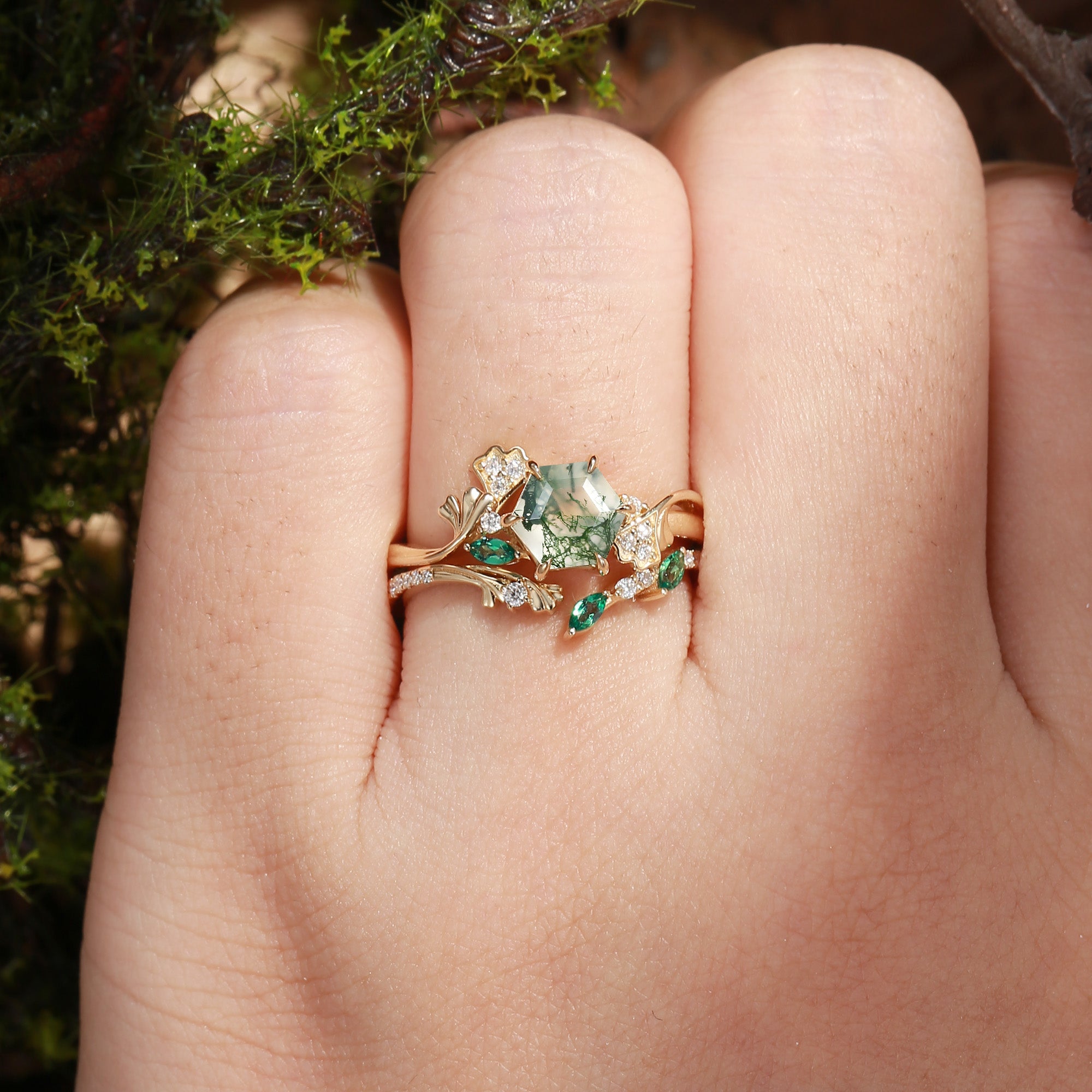 Zabelle - Ginkgo of the Nature Inspired Hexagon Moss Agate Flower Ring Set 2pcs