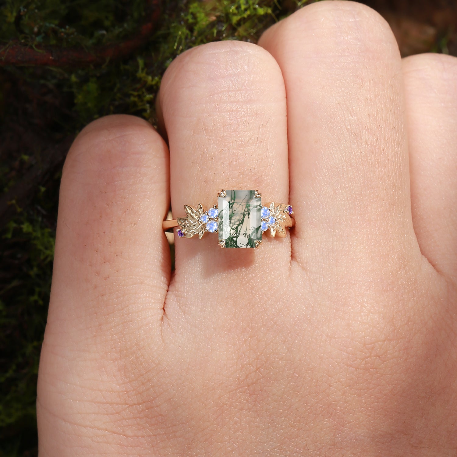 Emerald Cut Moss Agate Nature Inspired Grape  Leafy Engagement Ring